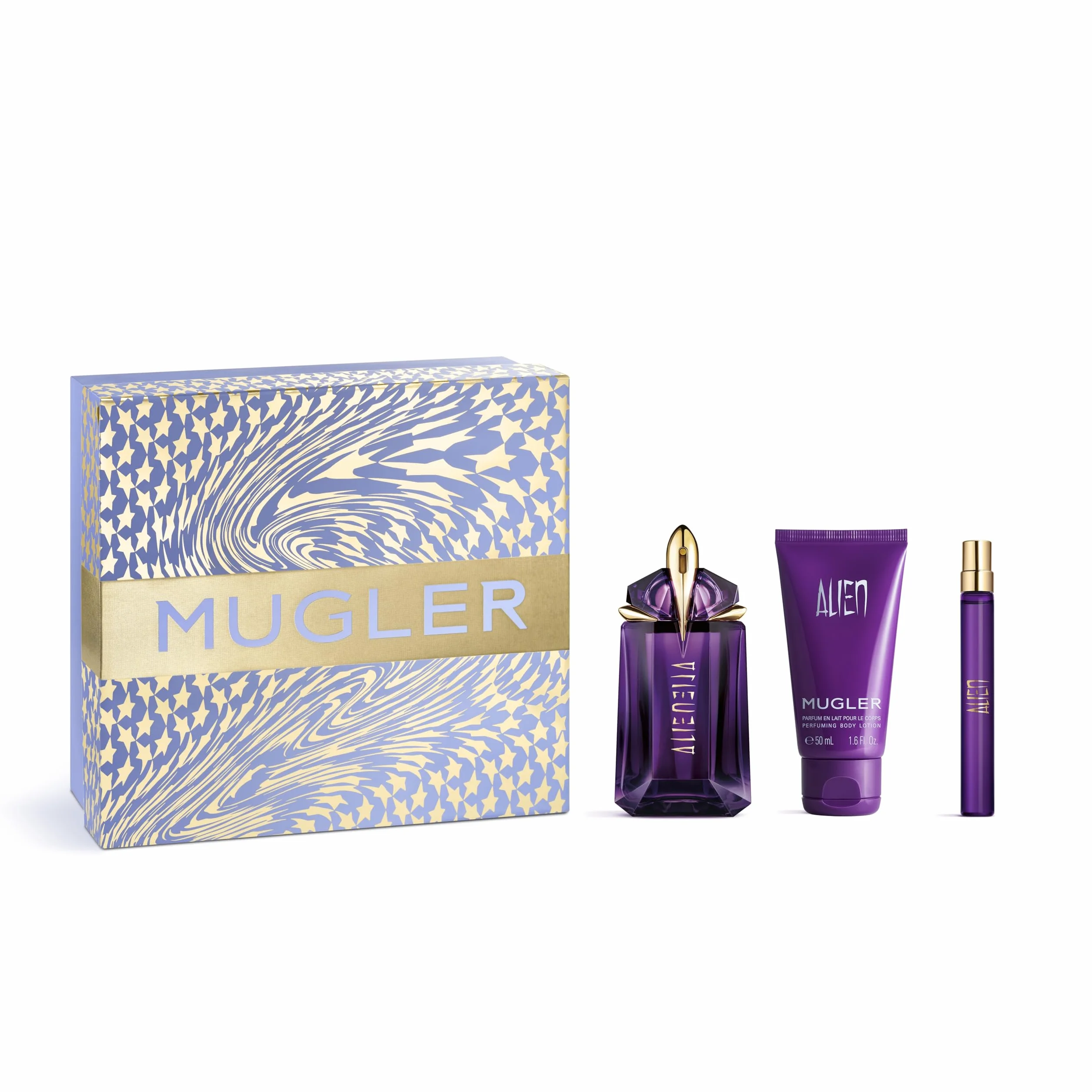 MUGLER Cofanetto Alien, Eau de Parfum + Eau de Parfum e Lozione Corpo, Profumo Donna, Profumo Ambrato, Legnoso e Floreale, Fragranza Straordinaria, Ricaricabile, 60 ml + 10 ml + 50 ml