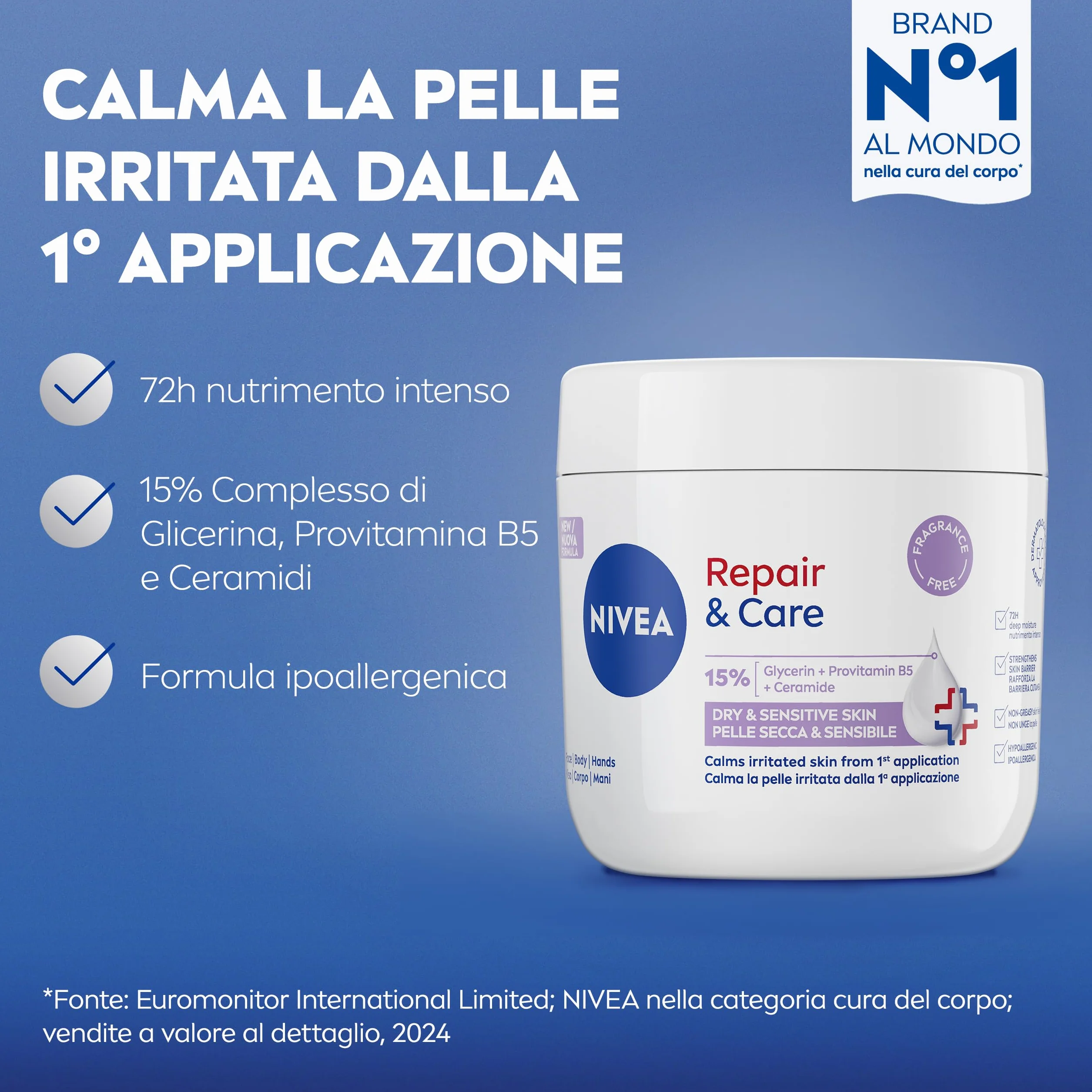 NIVEA Repair & Care Sensitive Senza Profumo 400 ml, Crema multiuso idratante 72H per pelle secca e sensibile, Crema corpo, viso e mani ipoallergenica con 15% Glicerina, Provitamina B5 e Ceramidi