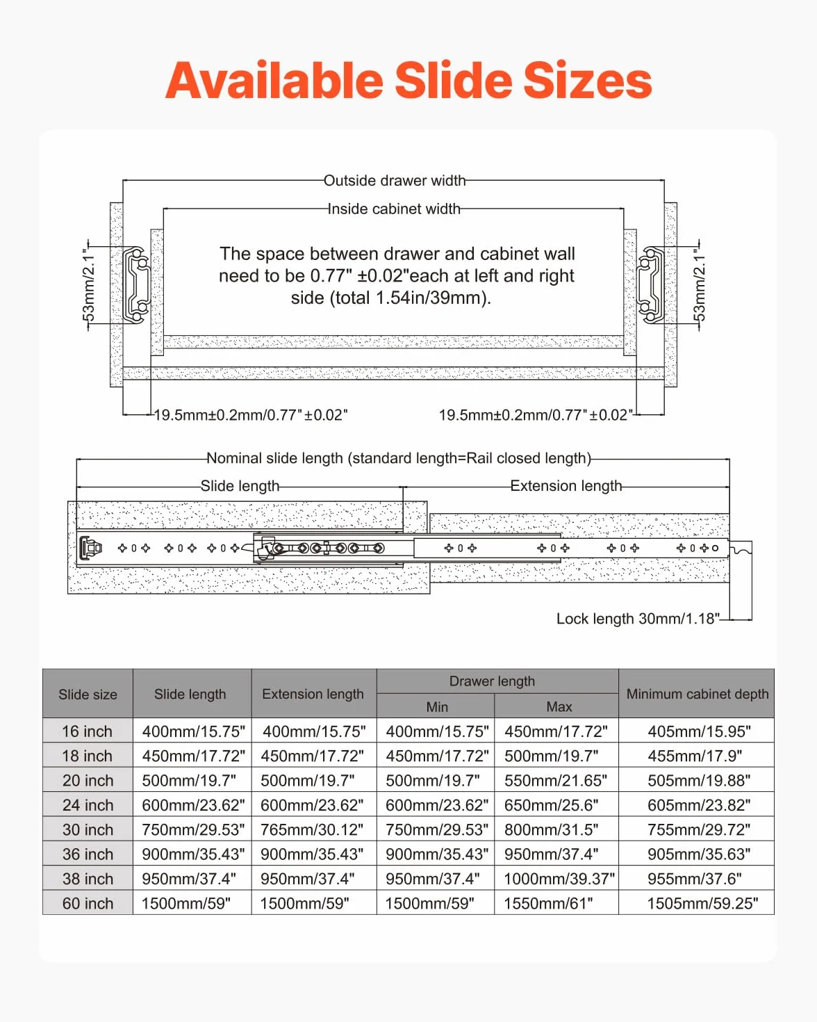 VEVOR Guide per Cassetti a Estensione Completa 113,4 kg Bloccaggio Cuscinetti a Sfera 780 x 53 x 19,5 mm