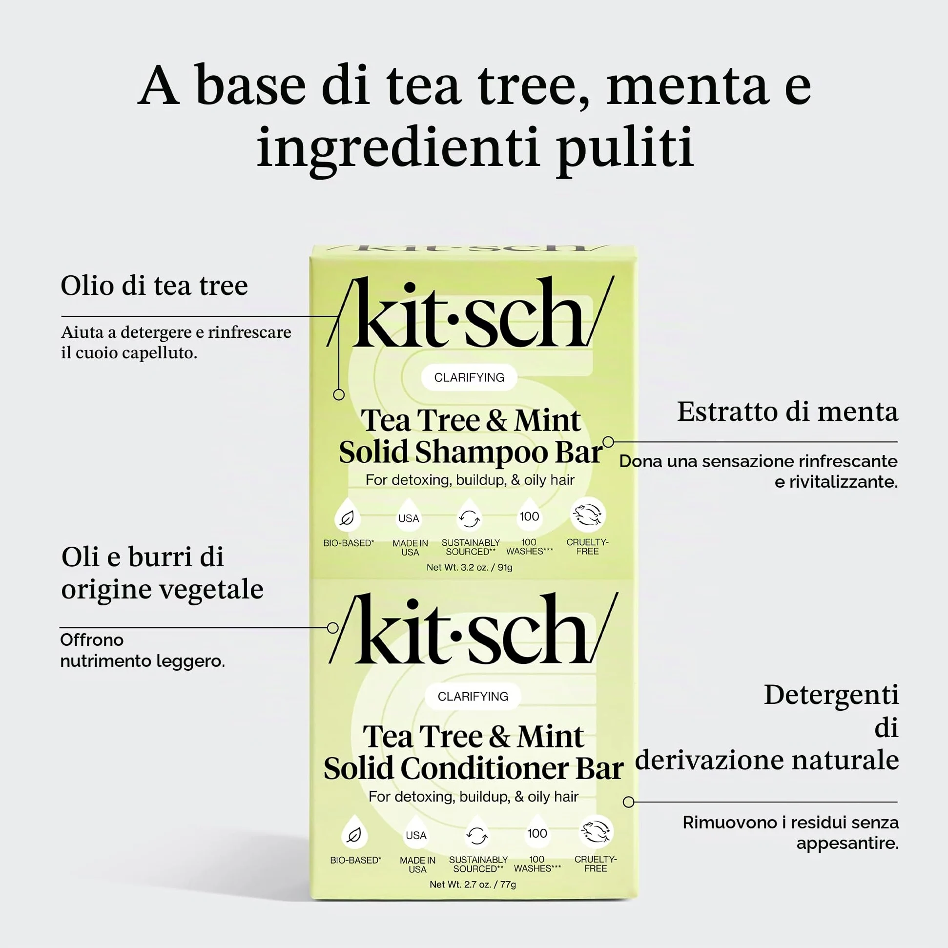Kitsch Tea Tree Shampoo & Balsamo Set - Shampoo Antiforfora Bar & Balsamo Bar - Cura dei capelli per tutti i tipi di capelli - Senza parabeni, solfati e silicone - 2 pezzi