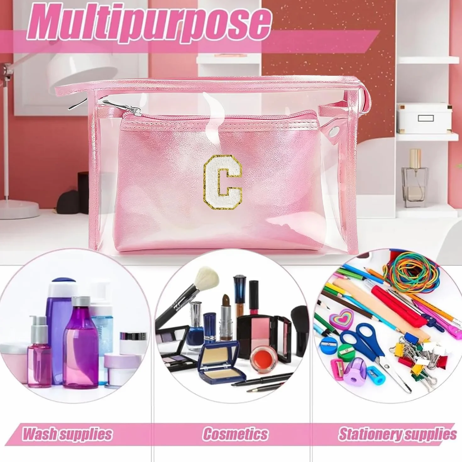 2 Pezzi Beauty Case da Viaggio Trasparente, Trousse Trucchi Donna, Borsa da Toilette in PU-PVC, Borse da Viaggio Impermeabile, Borsa Cosmetici Regalo Compleanno Natale Ideale per Donne Ragazze Rosa K