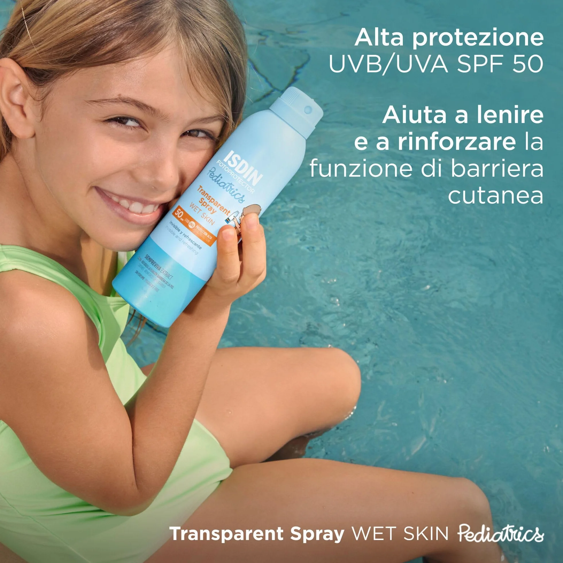 ISDIN Pediatrics Transparent Spray Wet Skin SPF 50 (250 ml) | Protezione Solare Spray per il Corpo per Bambini | Leggero e a Rapido Assorbimento