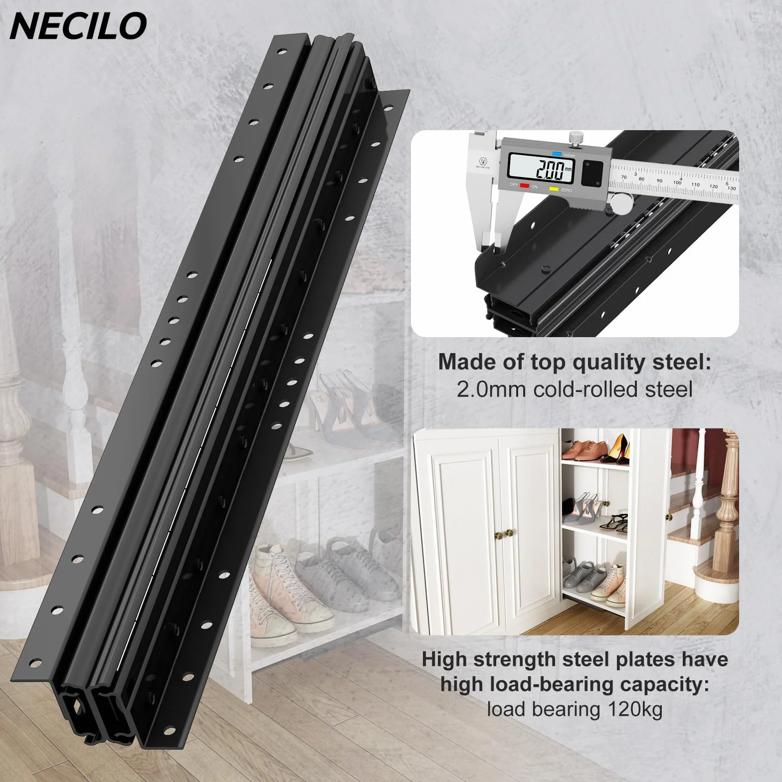 NECILO guide per cassetti per carichi pesanti 400mm portata 120 kg estrazione totale cuscinetti a sfera 1 coppia