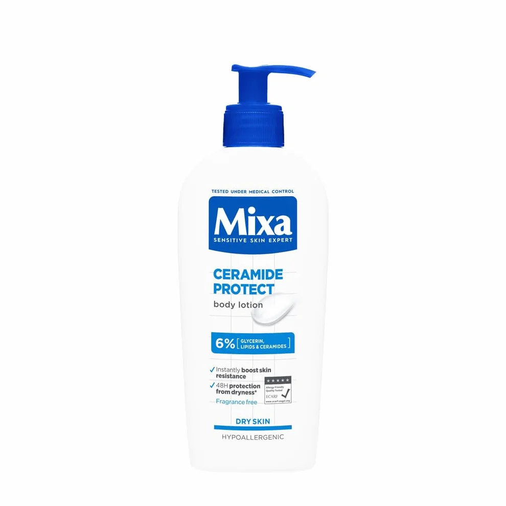 Mixa Lozione Corpo Idratante Rinforzante, Per Pelli Sensibili e Molto Secche, Pelle Protetta da Secchezza per 48H, Con il 6% di Ceramidi, Glicerina e Lipidi, Senza Profumo, Ceramide Protect, 250 ml