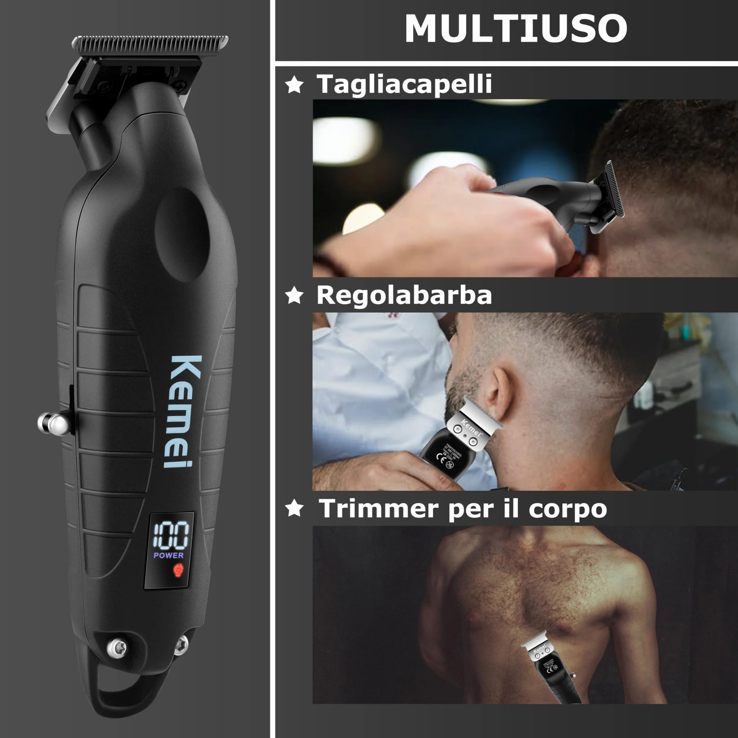 KEMEI 2293 - Tagliacapelli professionale per barbiere con lama a T, ricaricabile senza fili