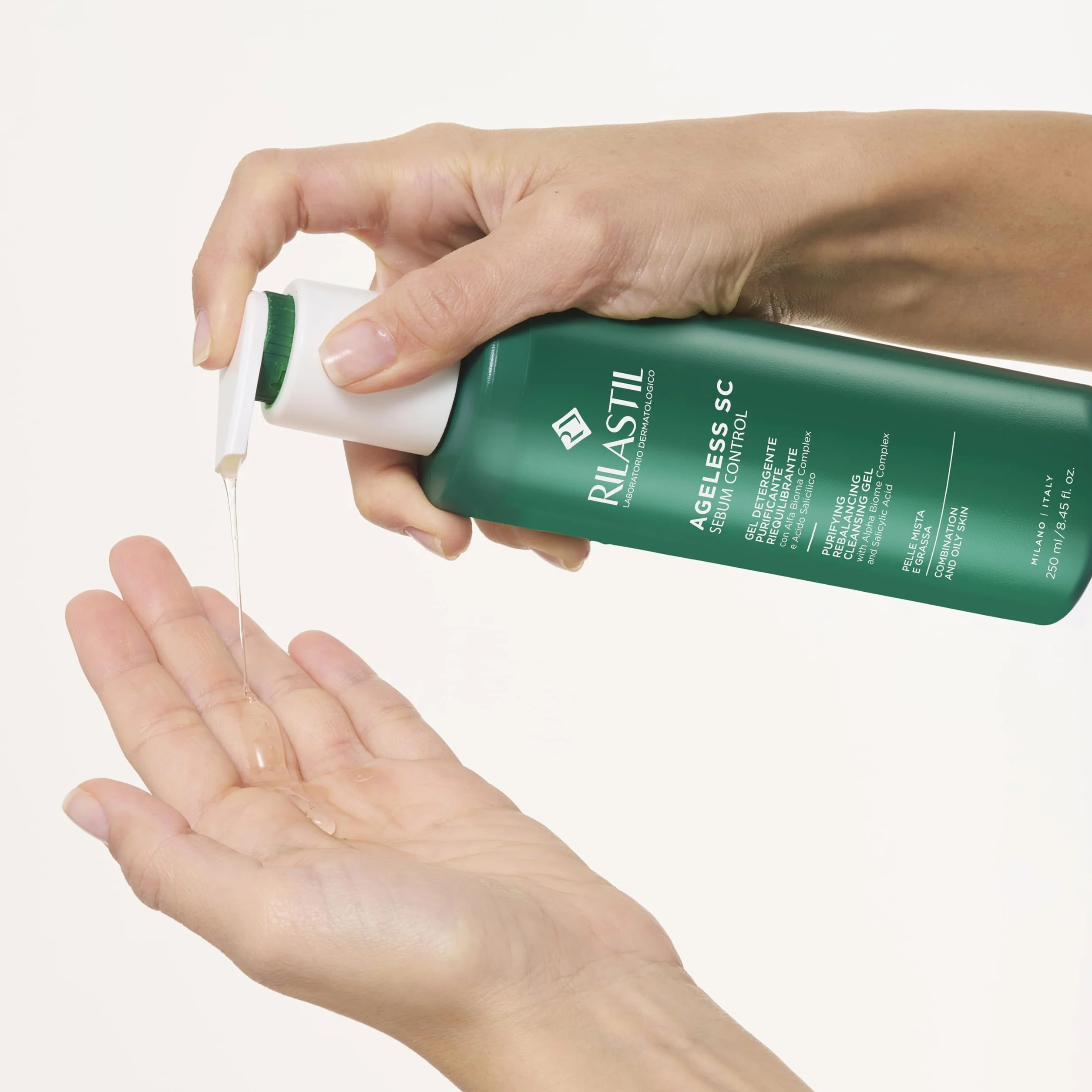 Rilastil Ageless SC Sebum Control, Gel detergente purificante e riequilibrante viso con Alfa Bioma Complex e Acido Salicilico ad azione sebonormalizzante, 250 ml