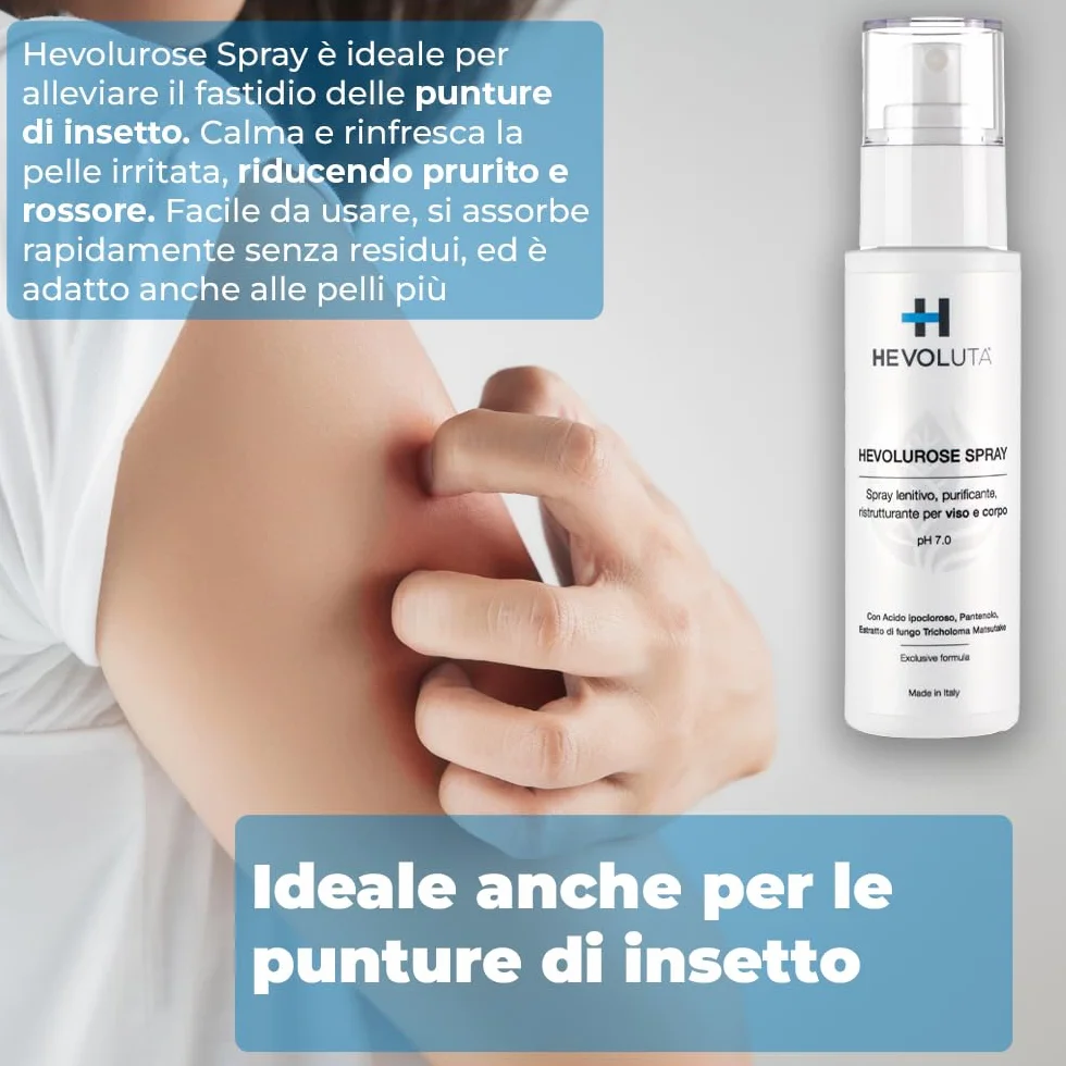 Hevolurose Spray con Acido Ipocloroso, Sollievo per Pelle Sensibile, Acne, Scottature e Punture Insetti, Antibatterico Spray Lenitivo e Rinfrescante - Formato 100 ml + ricarica 200 ml -