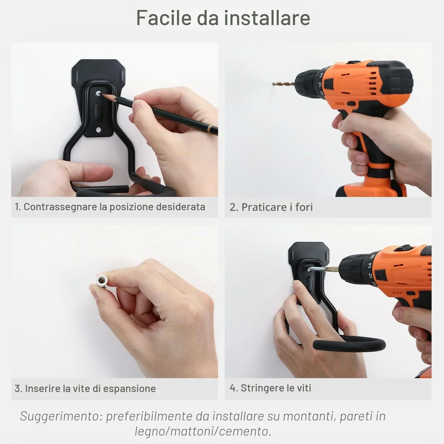 Housolution Appendi Bici da Muro, 4 Supporti Bici da Parete in Ferro Battuto con Imbottiture in EVA, Ganci Pieghevoli, Nero
