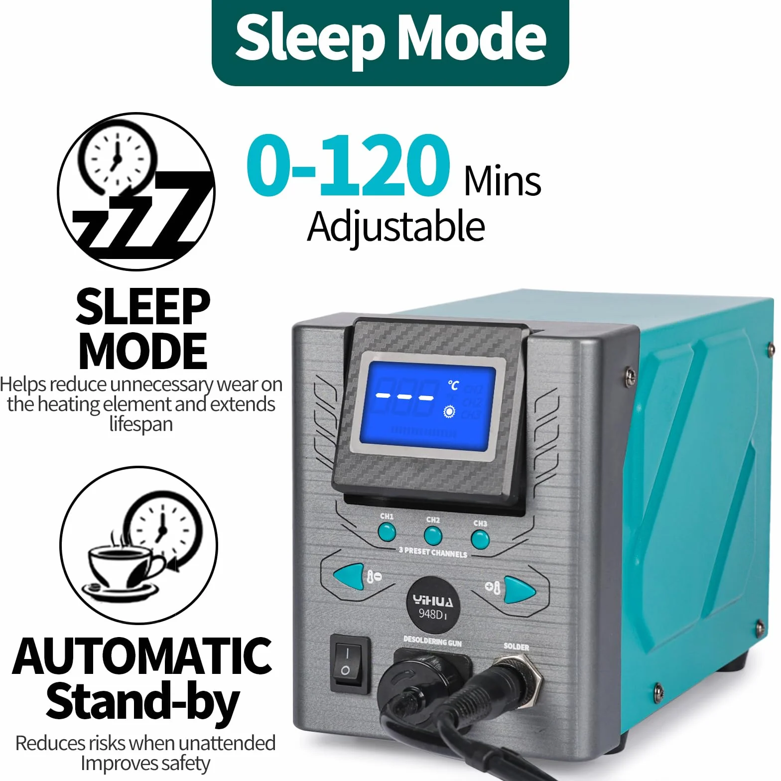 YIHUA 948D-I Stazione dissaldante 110W ESD Sicura Controllo Temperatura 380-480°C 3 Canali Sospensione