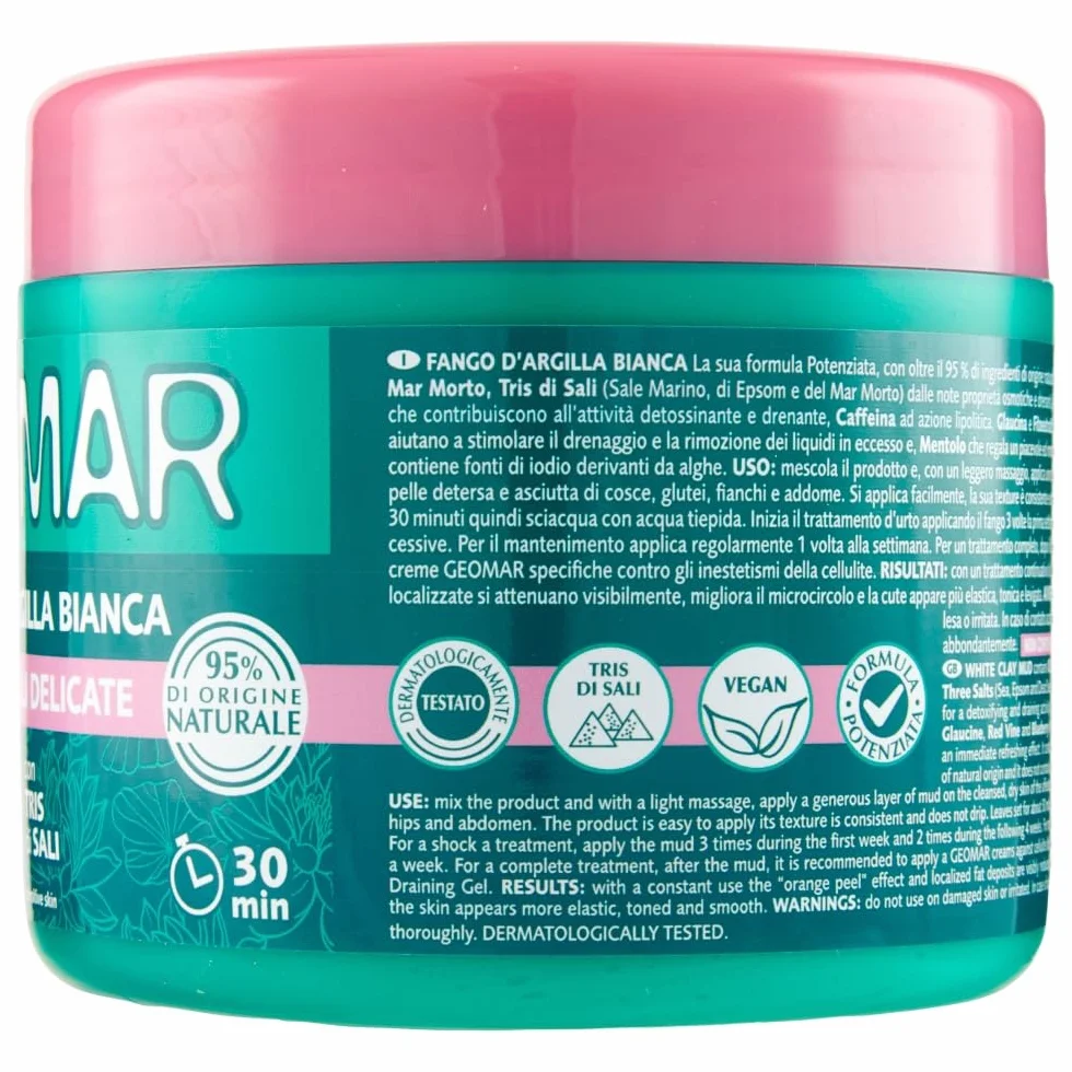 GEOMAR | Fango D'Argilla Bianca, Contro gli Inestetismi della Cellulite, per Pelli Delicate, 95% di Origine Naturale Con Tris Di Sali (Sale Marino, di Epsom e del Mar Morto), Made in Italy, 600 g