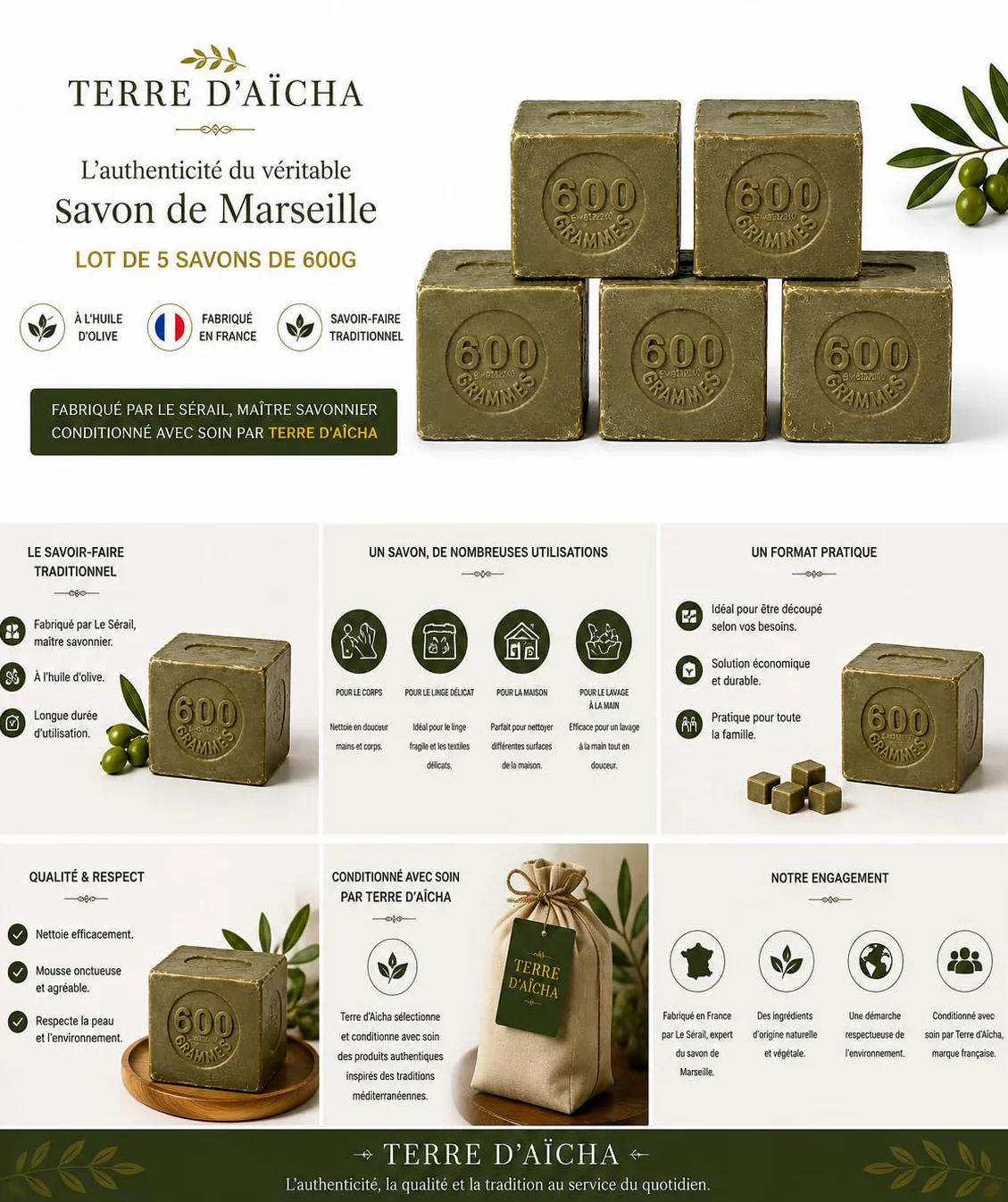 Set di 5 saponi di Marsiglia 600 g all'olio di oliva – vero sapone tradizionale prodotto in Francia – terra di Aïcha- 1 bustina scoperta trucioli di sapone di Marsiglia lavanda 50 g