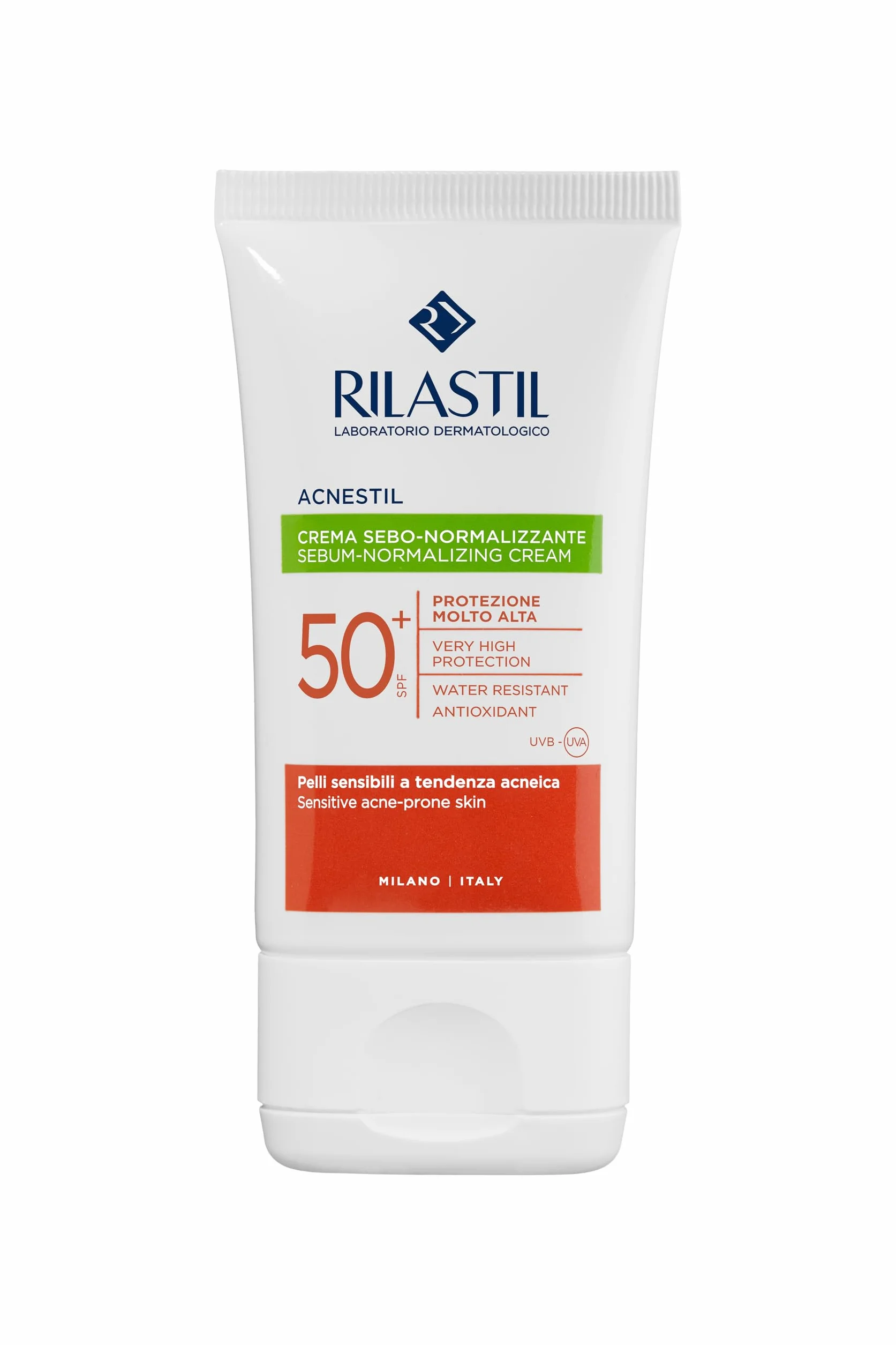 Rilastil Acnestil Crema Sebo-Normalizzante, Azione Lenitiva e Opacizzante, Antierima Solare, per Pelli Sensibili a Tendenza Acneica SPF 50+, Confezione da 40 ml