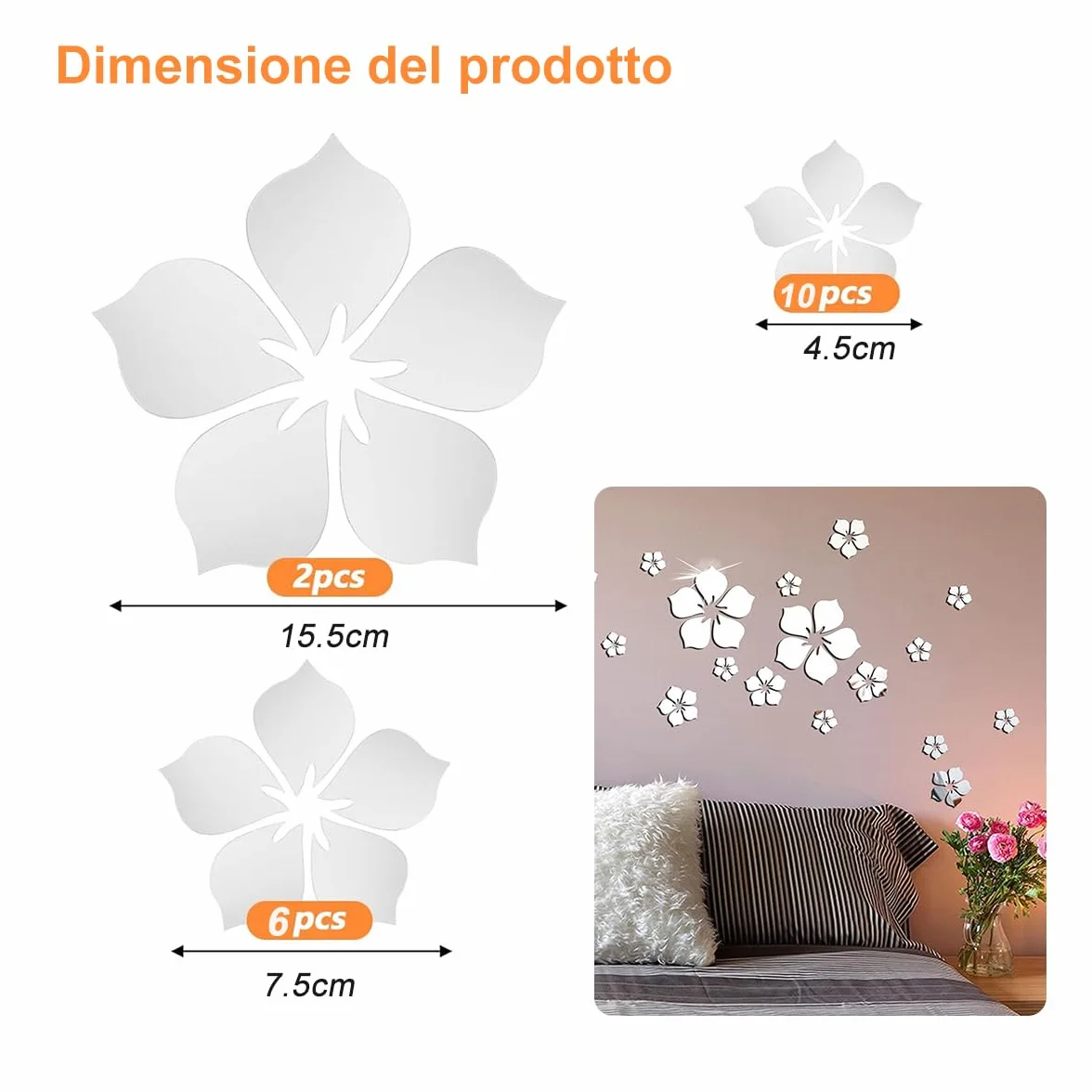 Adesivi Murali Floreali di Cristallo 3D, Removibile Adesivi da Parete a Specchio per Camera da Letto Bagno