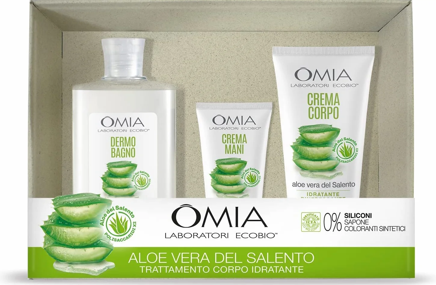 Omia Aloe Vera del Salento, Confezione Regalo Donna, Set Bagno, Cofanetto Corpo e Capelli con Crema Mani, Crema Corpo e Bagnoschiuma Dermo Bagno, Confezione da 3 pezzi