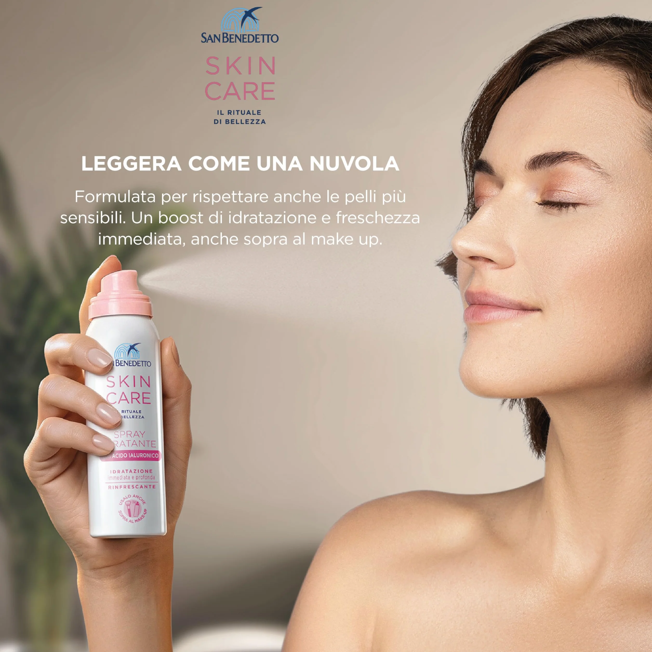 San Benedetto SKIN CARE MIST, Spray Idratante Viso con Acido Ialuronico 50ml, Effetto Nuvola Ideale Sopra il Make-up e in Viaggio, 97% Ingredienti Origine Naturale, Testato per Pelli Sensibili