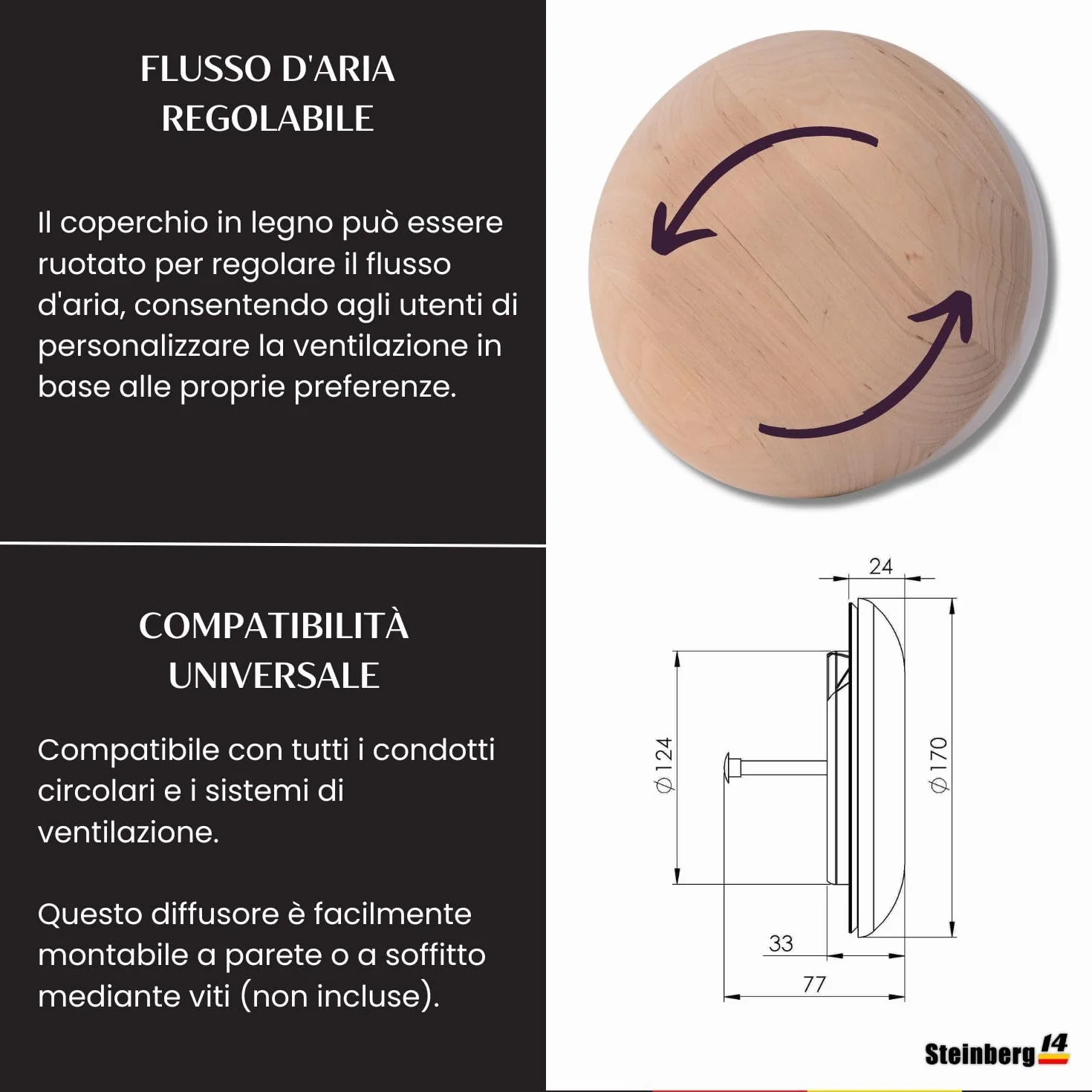 Steinberg14 Diffusore in Legno per Sauna 125mm Griglia di Ventilazione Valvola a Disco Regolata Copertura Condotto Rotondo