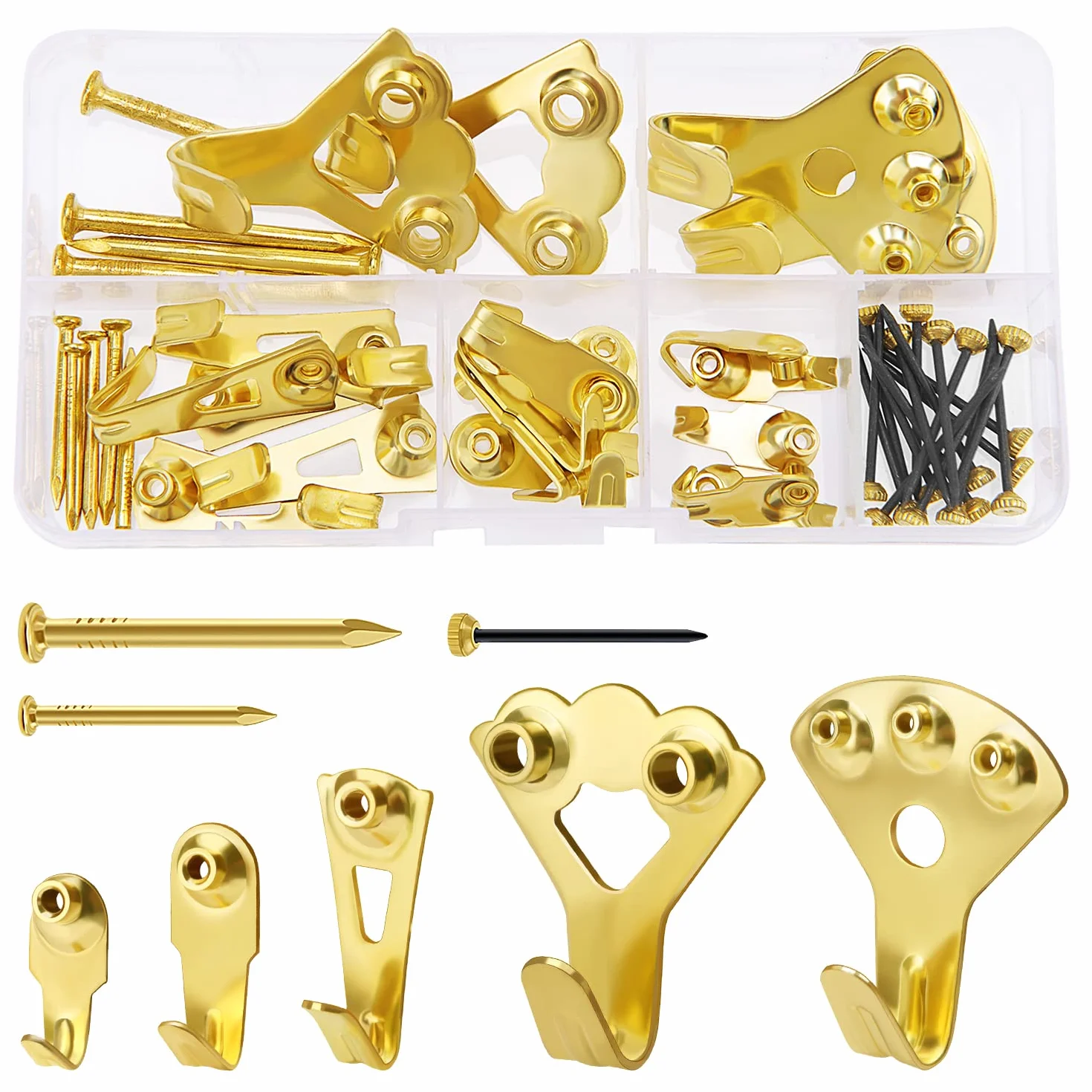 VooGenzek 44 Pezzi Kit Ganci Cornice Pareti Dure, Ganci Metallo Quadri Heavy Duty Immagine con Chiodi