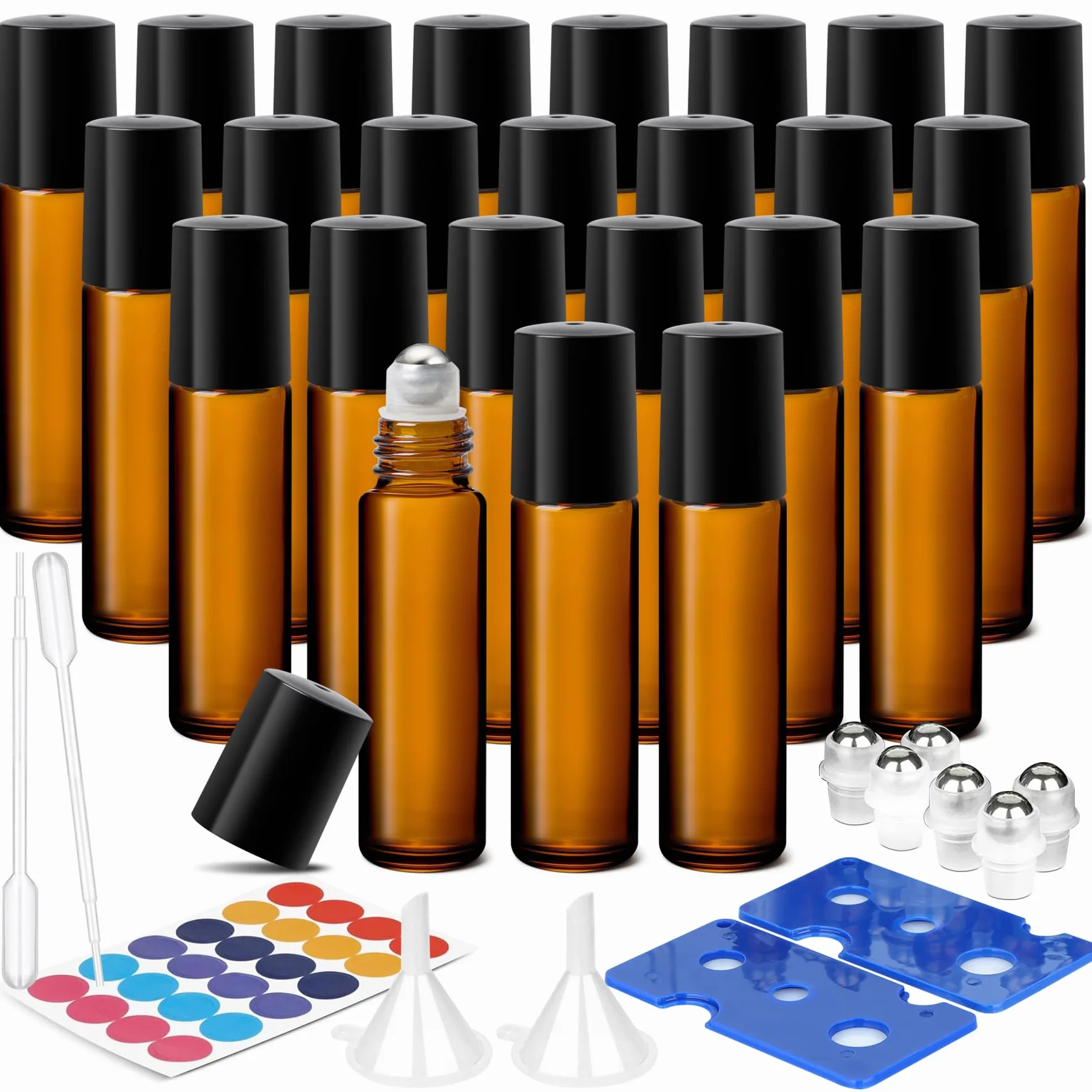 ComSaf 24 st Roll-On Flesje Etherische Olie, Etherische Olie Flesje van Amberglas met Balletjes en Accessoires, voor Reizen, DIY en Aromatherapie, Nauwkeurige en Eenvoudige Toepassing