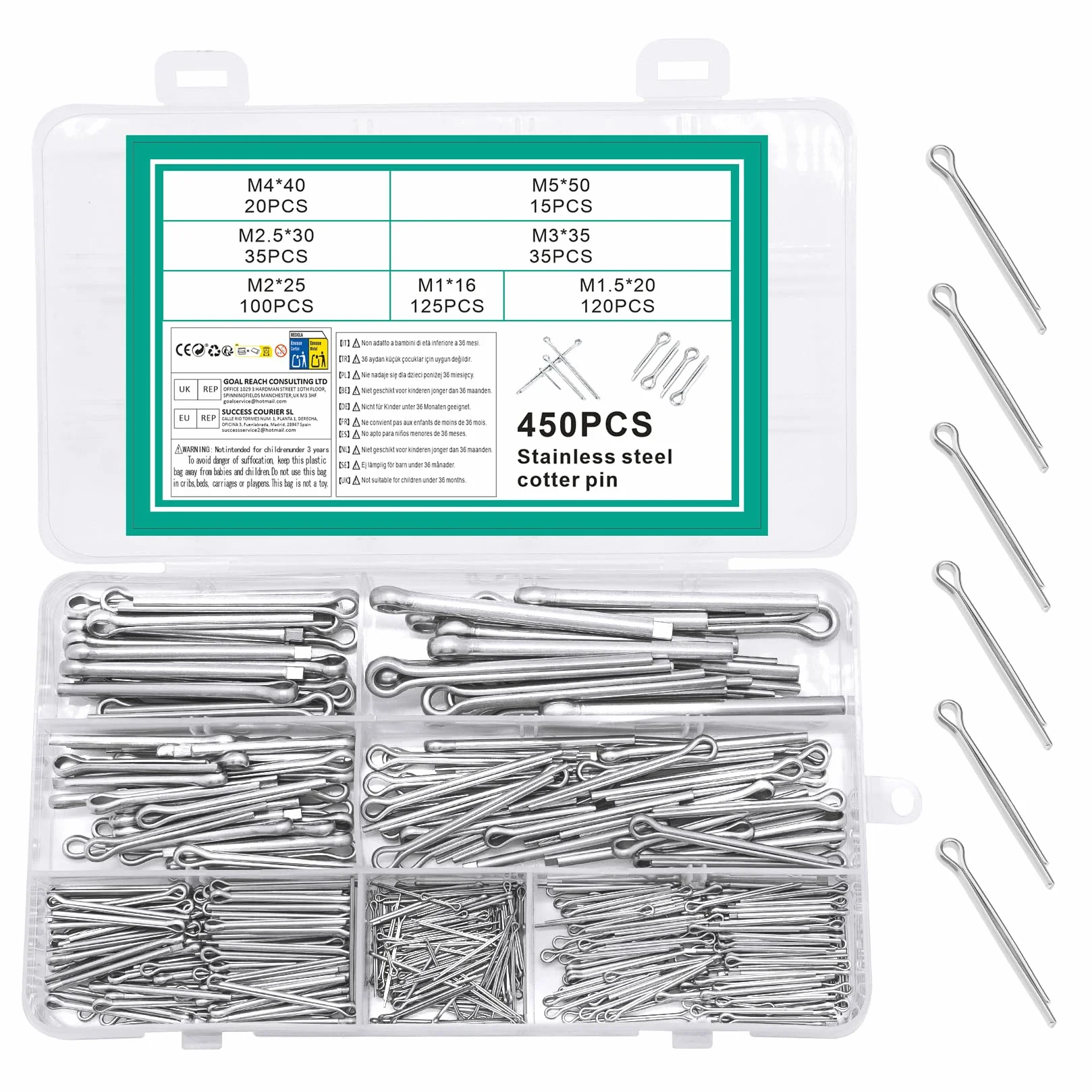 Coppiglie Acciaio Inox 450 Pz, Coppiglia Spine Elastiche, Coppiglia di Bloccaggio per Trattori Auto Riparazioni