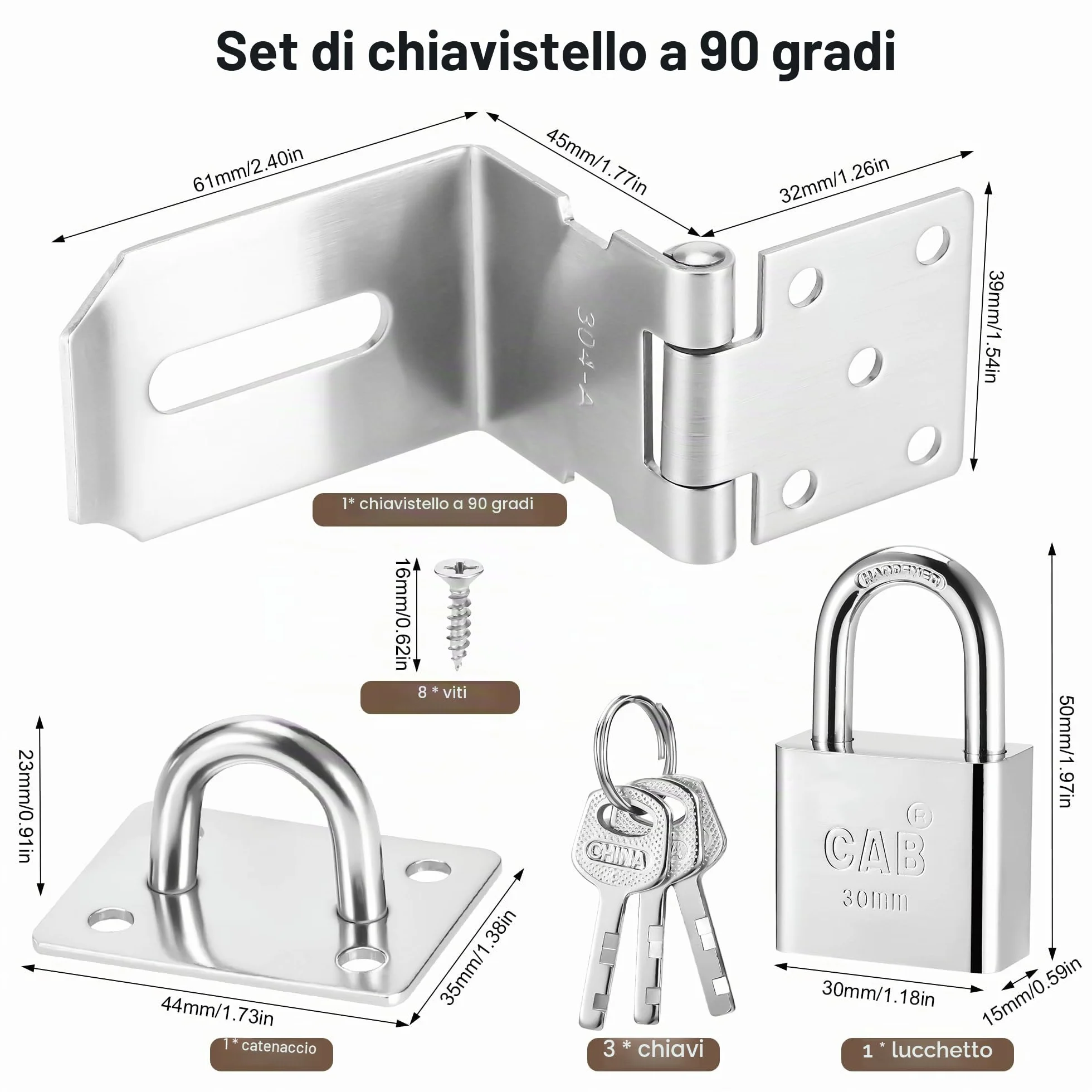 Lucchetto con Chiusura a Viti, Serratura Porta con Chiave, Hasp 90° Acciaio Inox per Giardino