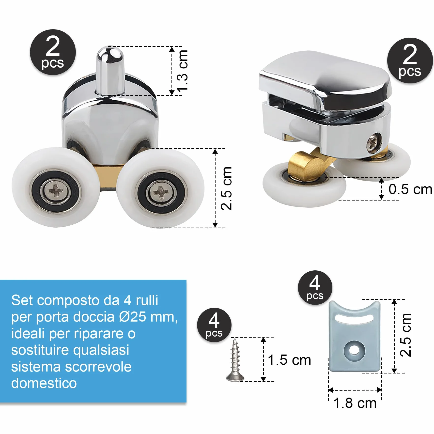 Rulli per Porta Doccia Ø25 mm, Rotelle per Box Doccia in Vetro 4-6 mm, Kit Porta Scorrevole