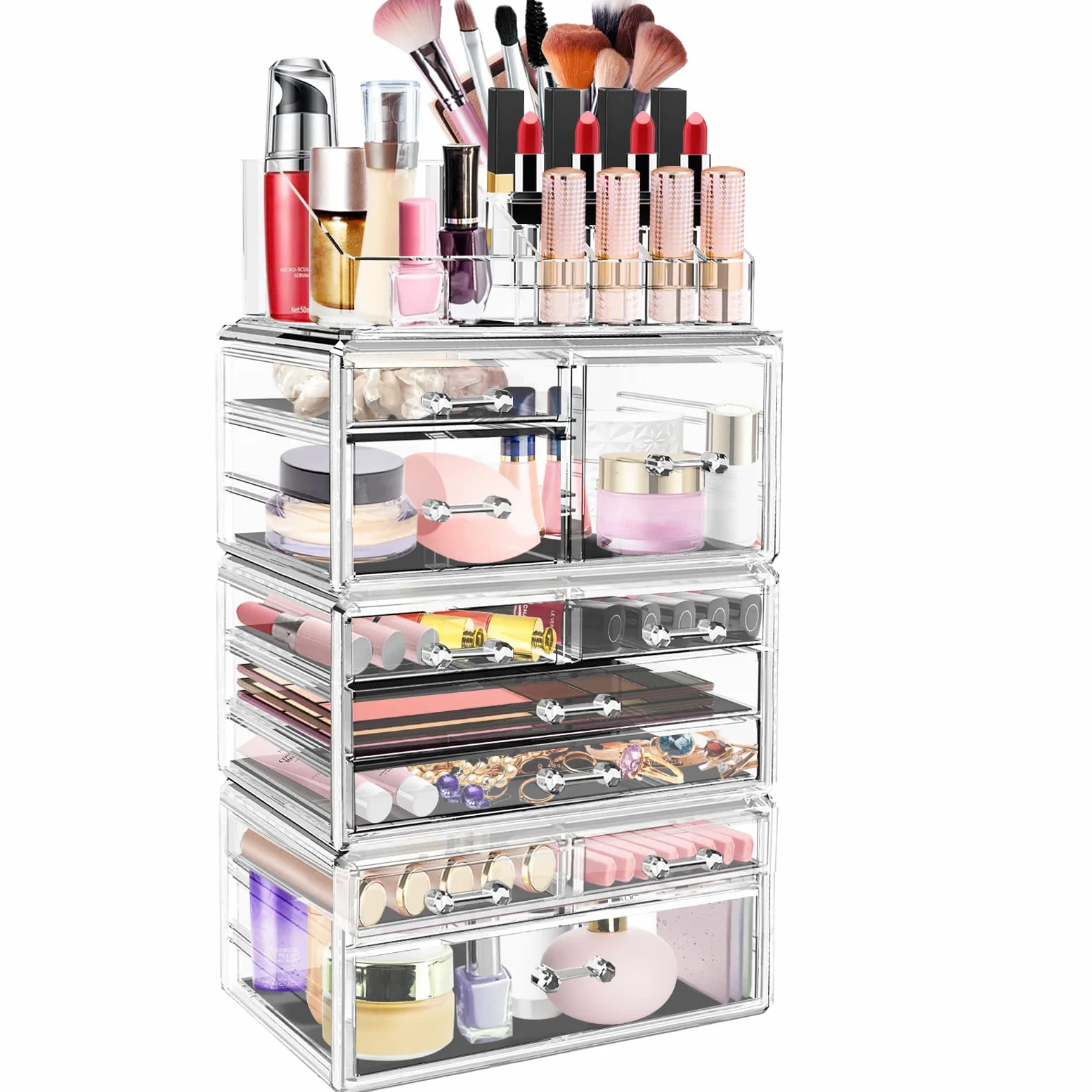 Organizer trasparente per trucco, cassetti cosmetici in acrilico e scatola espositiva per gioielli con cassetti, Trasparente, 10 cassetti