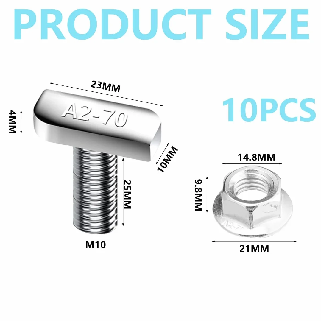 Viti a testa martello M10 x 25 mm in acciaio inox A2-70 T con dadi a flangia per binari solari PV, 10 pezzi