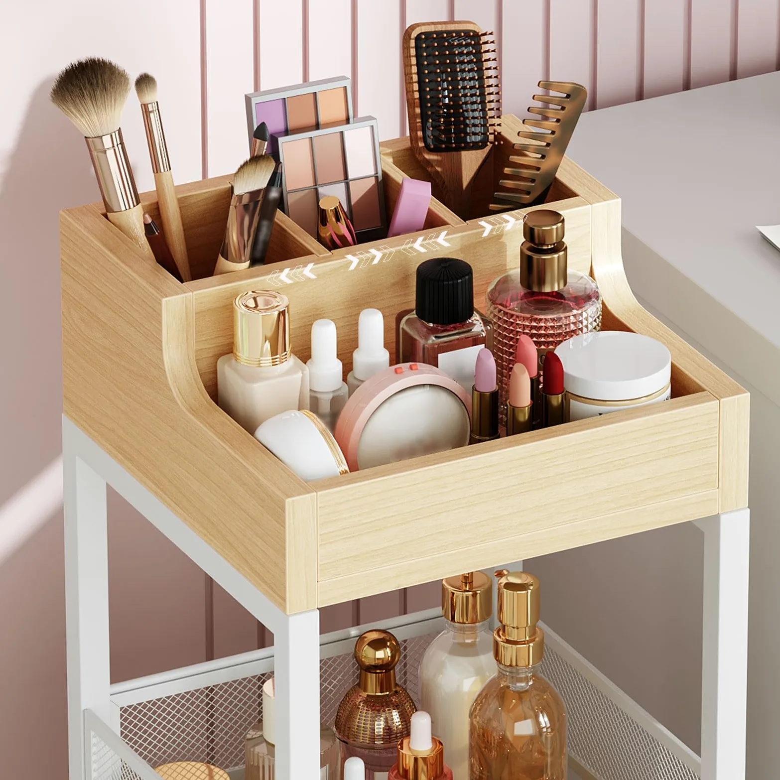 HOOBRO Carrello Portaoggetti per Trucchi con 2 Cassetti in Tessuto, Carrello Porta Trucchi da Bagno con Ruote, Carrellino per Cosmetici e Skincare, Espositore Trucco Bianco e Legno Naturale EWN19TC04