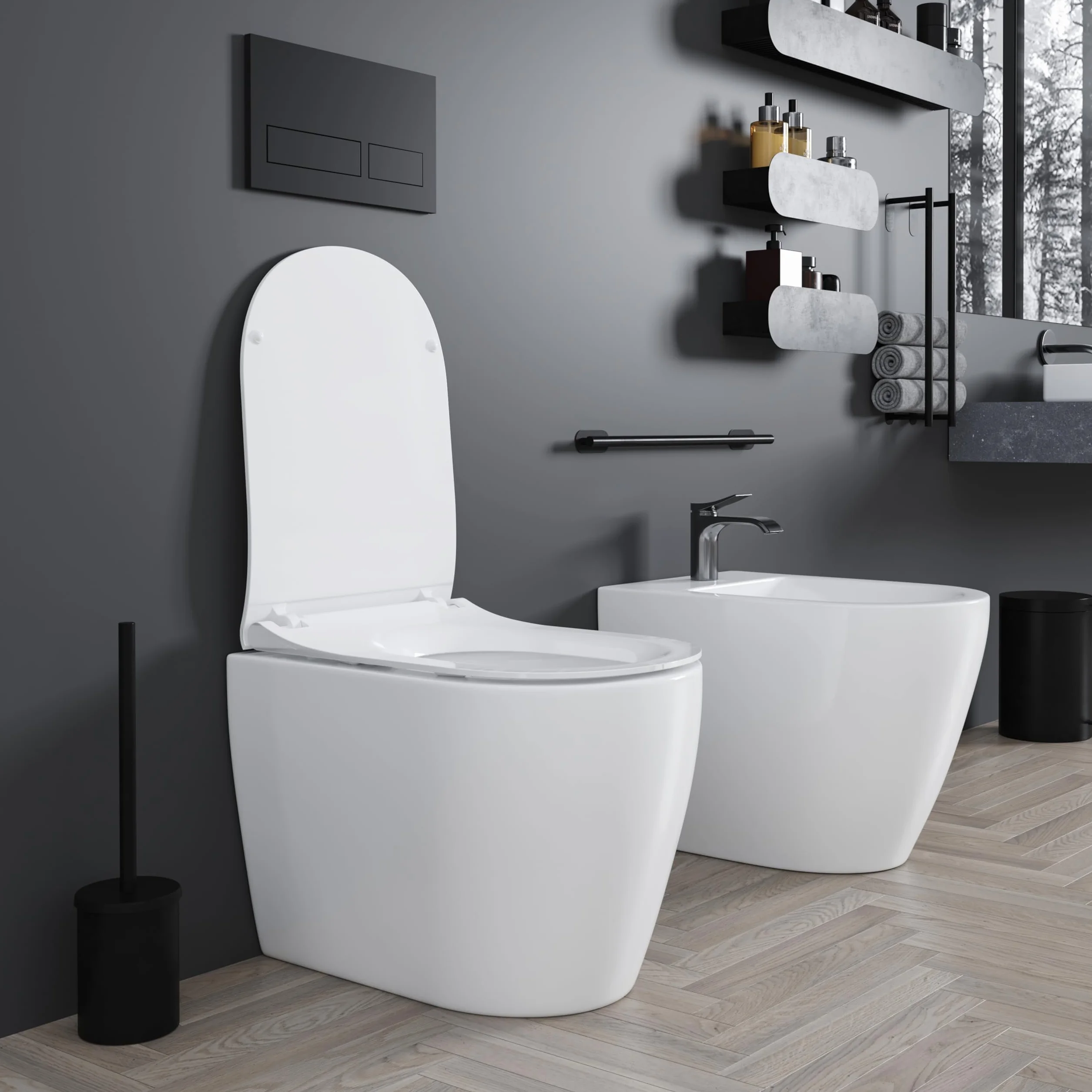 Coppia Sanitari Filomuro Vaso WC Bidet Design Moderno Ceramica Soft Close Bianco Lucido