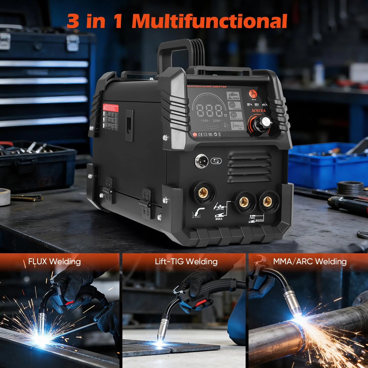 Saldatrice a Filo Continuo Senza Gas 120A 220V 3 in 1 FLUX Lift-TIG MMA/ARC Inverter IGBT Compatta