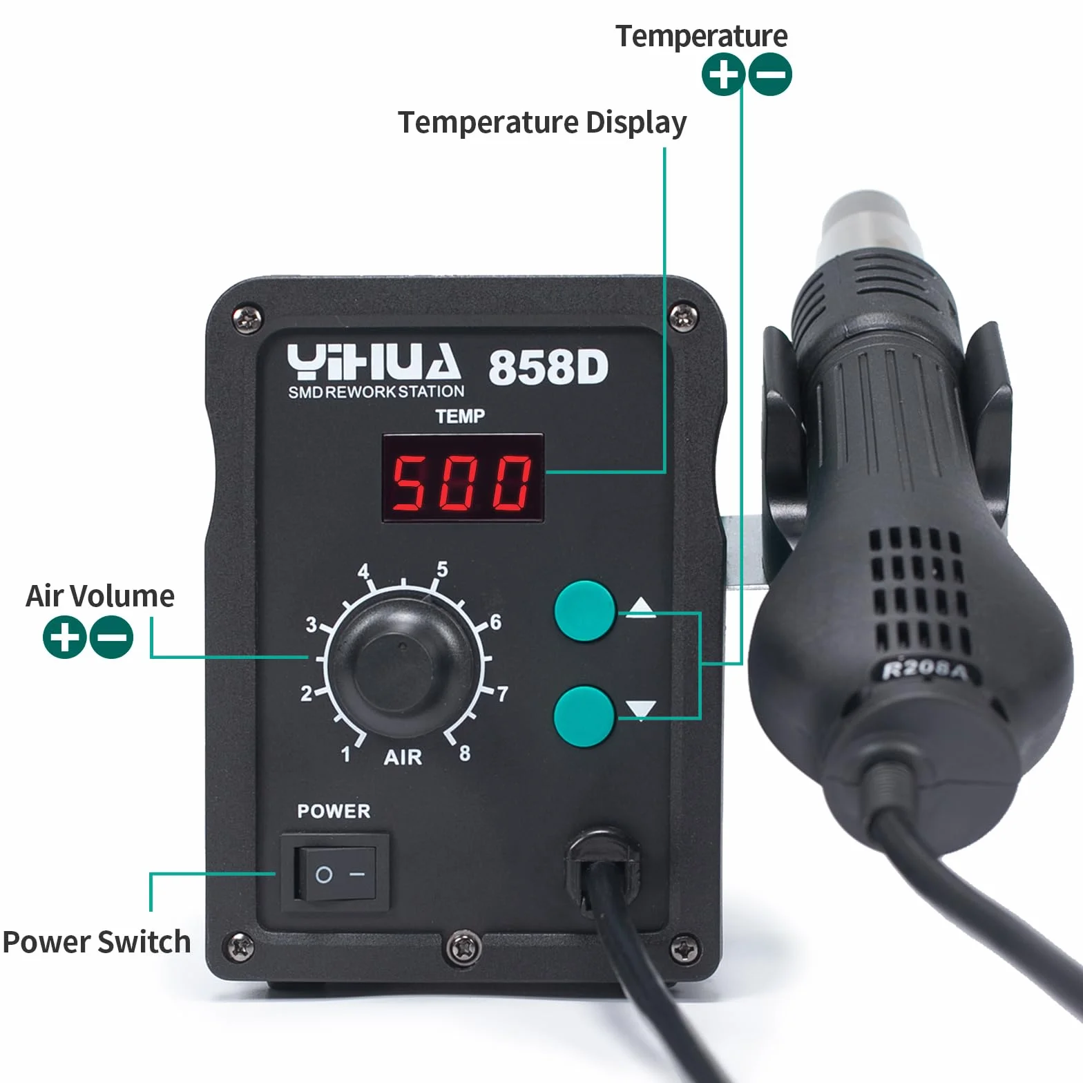 YIHUA 858D Stazione dissaldante ad aria calda 700W per SMD con temperatura e volume d'aria regolabile