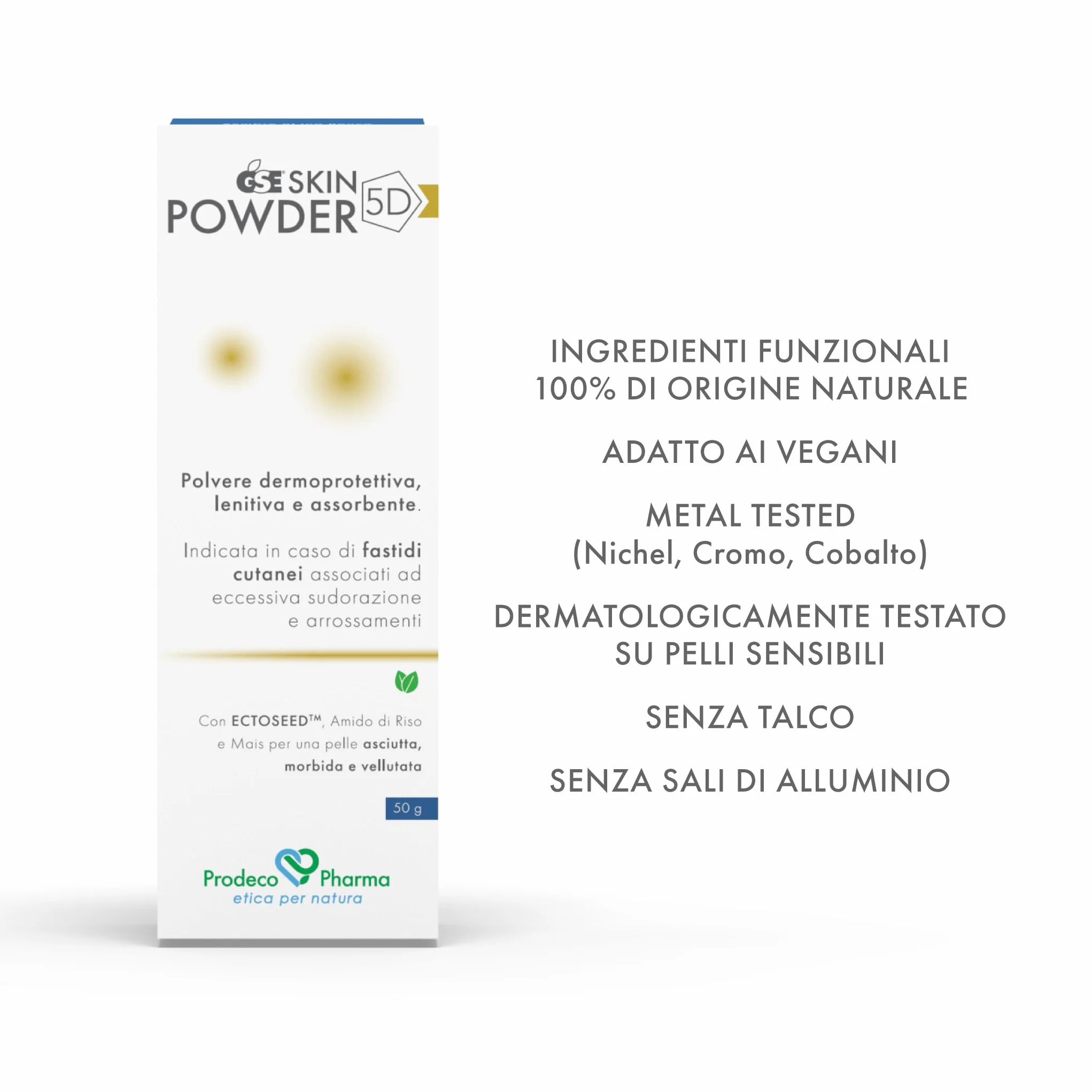 Prodeco Pharma GSE SKIN POWDER 5 D Polvere Dermatologica 50 g - Indicata per la Protezione della Pelle e Come Coadiuvante in Caso di Sudorazione Eccessiva, Pelle Umida e Cattivi Odori