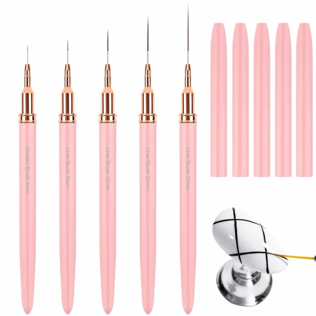 YAYNO Set Pennelli per Nail Art 5 Pezzi Pennelli dimensioni 6/9/12/15/18 mm Disegnare Linee Fini Attrezzo per Unghie Pennelli Liner di Precisione per disegnare e punteggiare le unghie