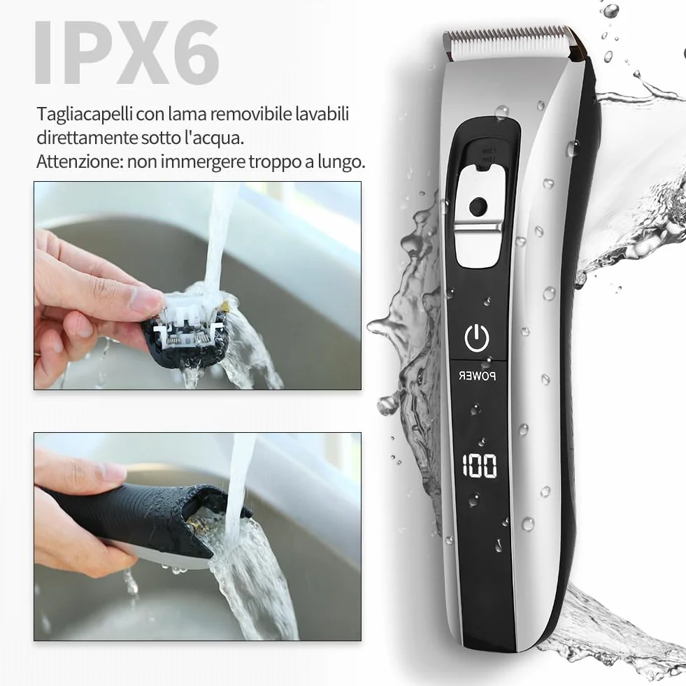 Tagliacapelli Uomo Professionale Regolabarba Elettrico Lama Regolabile Ceramica Titanio con 8 Pettine di Precisione Schermo LCD Impermeabile