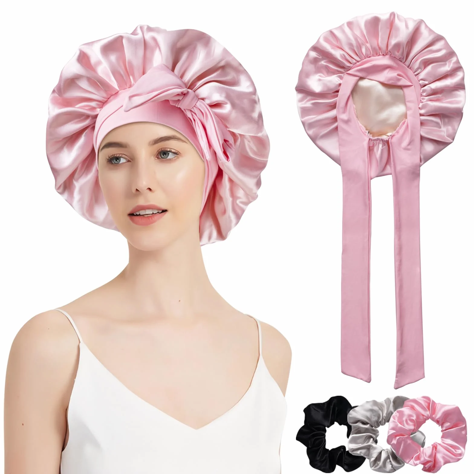 Cuffia Seta Capelli Ricci con 3 Pezzi Scrunchies Grande Regolabile Bonnet da Notte in Raso Doppi Strati Dormire Berretto per Protezione Capelli