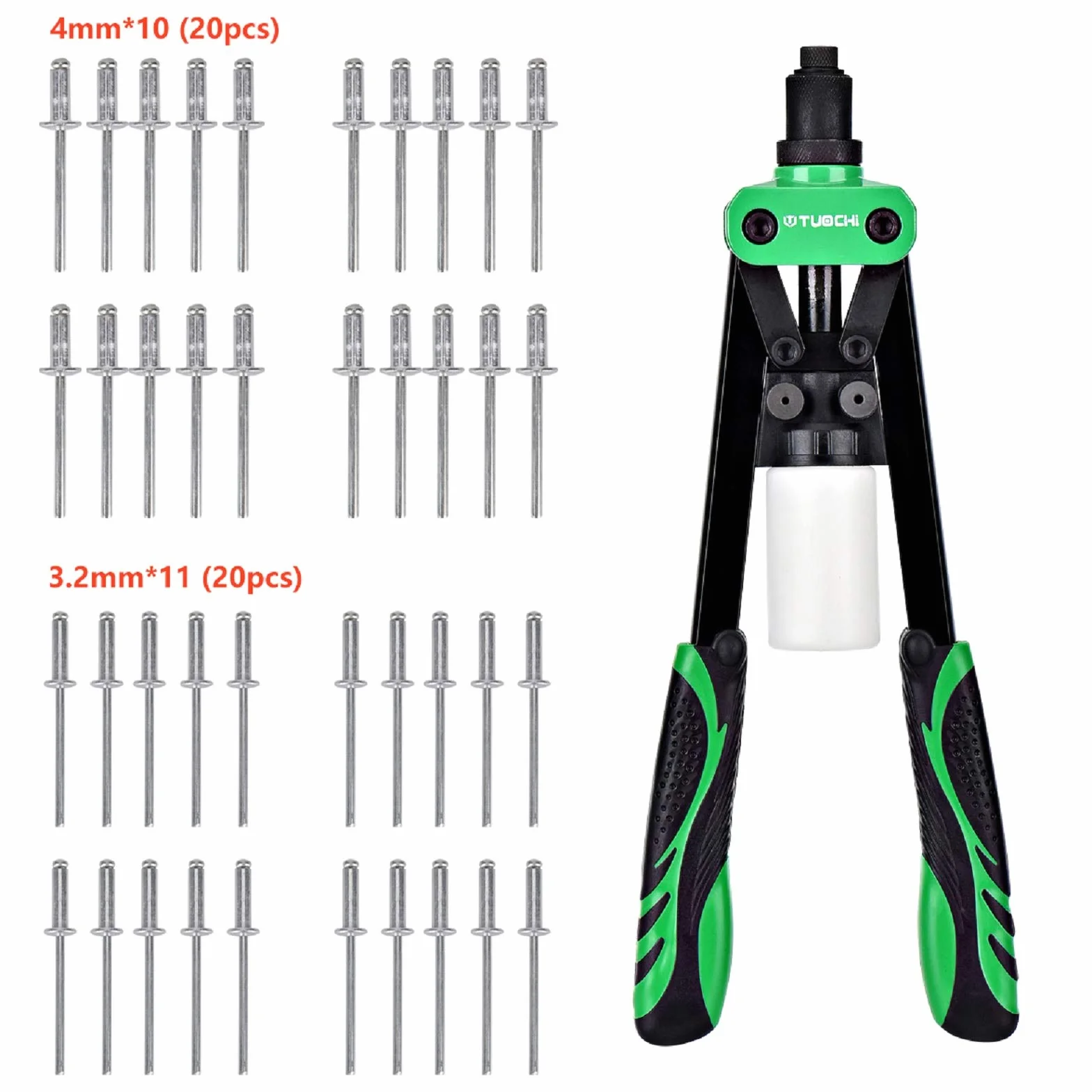 Rivettatrice Manuale Pistola per Rivetti Professionale 13" Pinza per Rivetti Kit con 40 Rivetti da 3,2mm/4,0mm