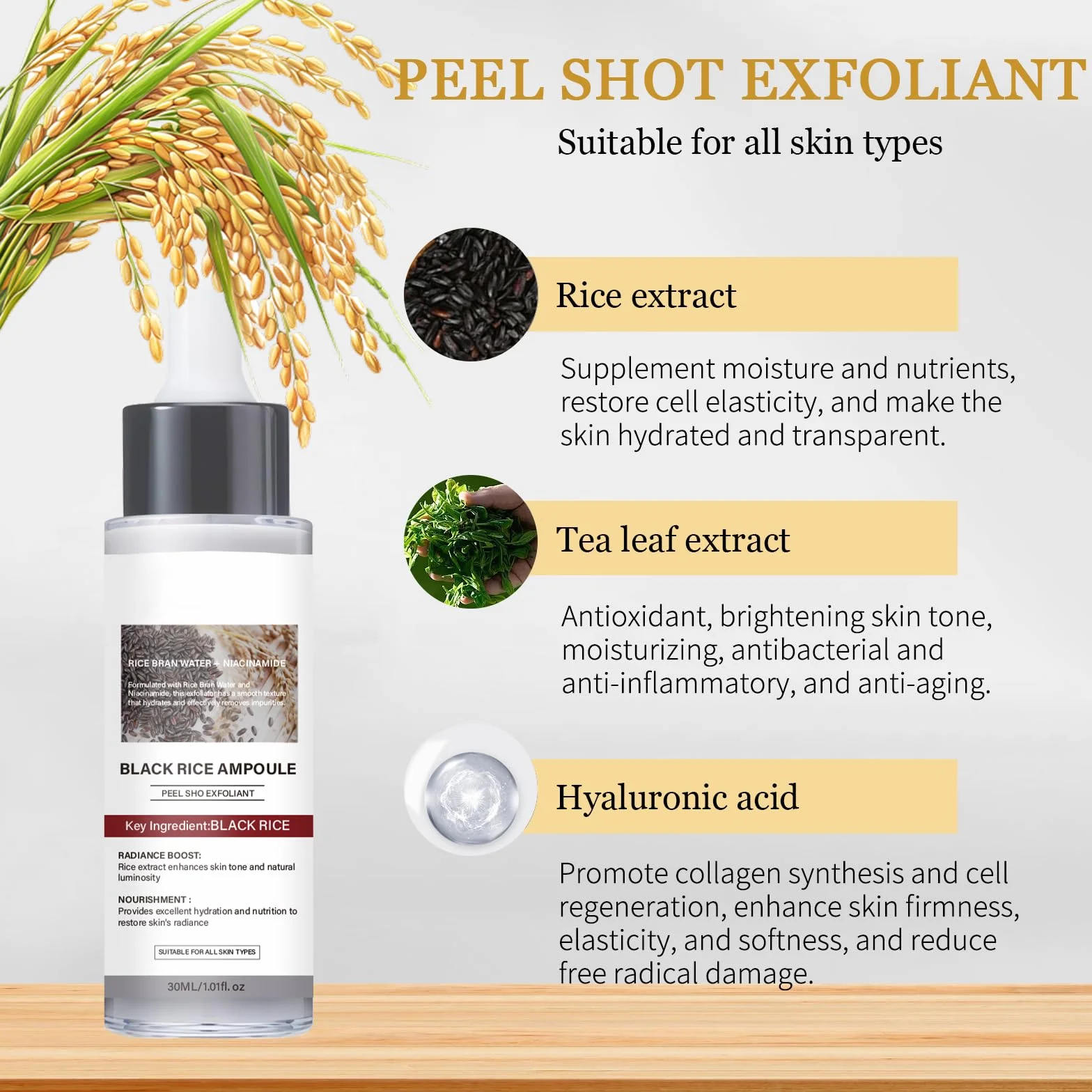 Peel Shot Glow Rice Ampoule Duo, 2PCS Siero Coreano Esfoliante al Riso Bianco & Nero, Delicato Viso Peeling, Rimuove Cellule Morte, Elimina Punti Neri, Pulisce Pori, Idrata Profondo