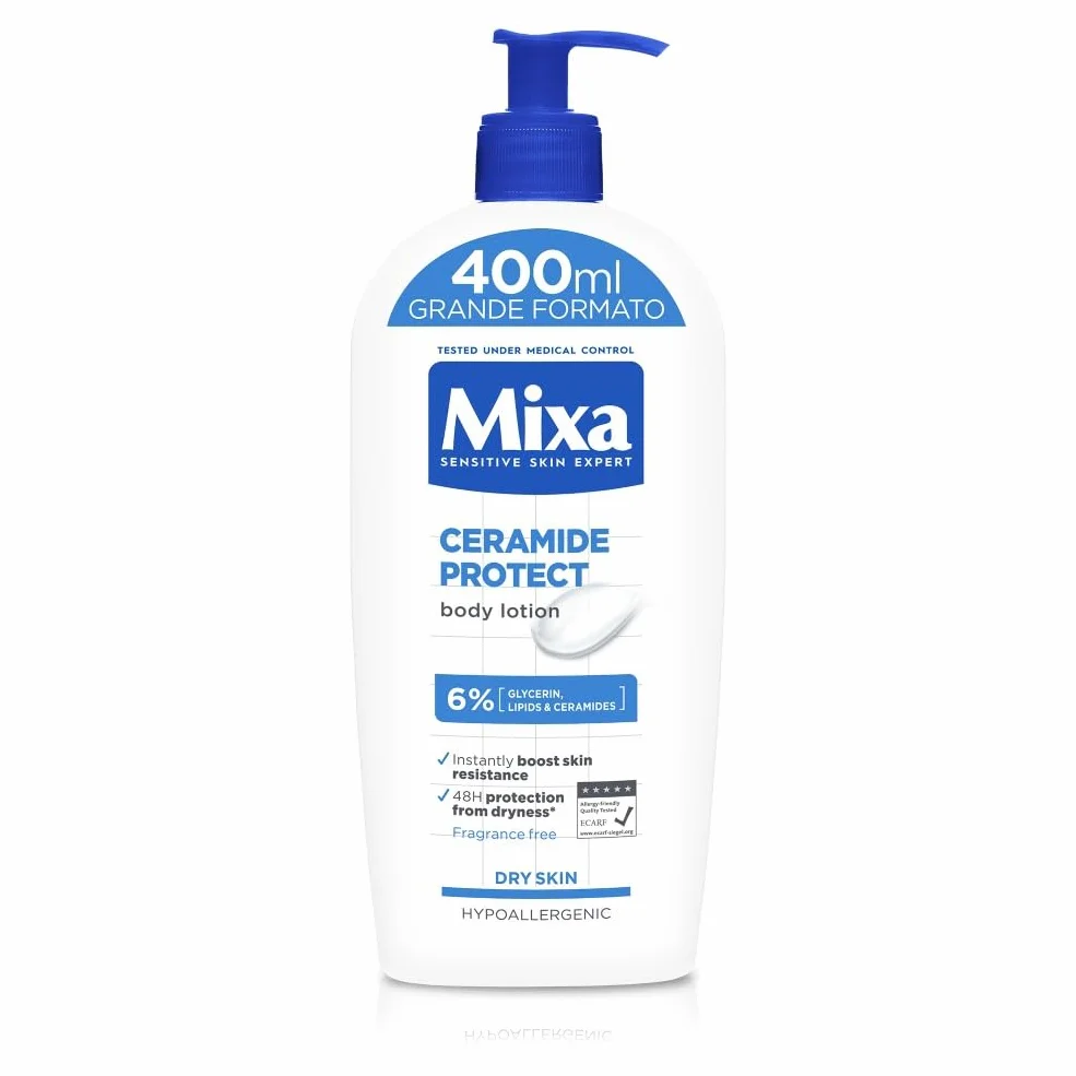 Mixa Lozione Corpo Idratante Rinforzante, Per Pelli Sensibili e Molto Secche, Pelle Protetta da Secchezza per 48H, Con il 6% di Ceramidi, Glicerina e Lipidi, Ceramide Protect, Formato Grande, 400 ml