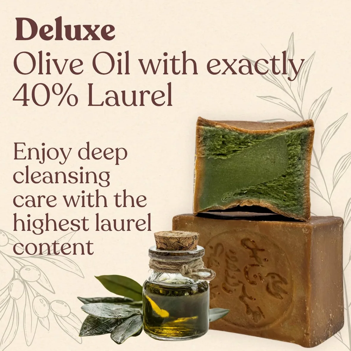 Sapone di Aleppo Originale, 40% Olio di Alloro, 3 x ca. 200 g | Deluxe, sapone all'olio d'oliva, 60% olio d'oliva, sapone naturale, fatto a mano, senza plastica