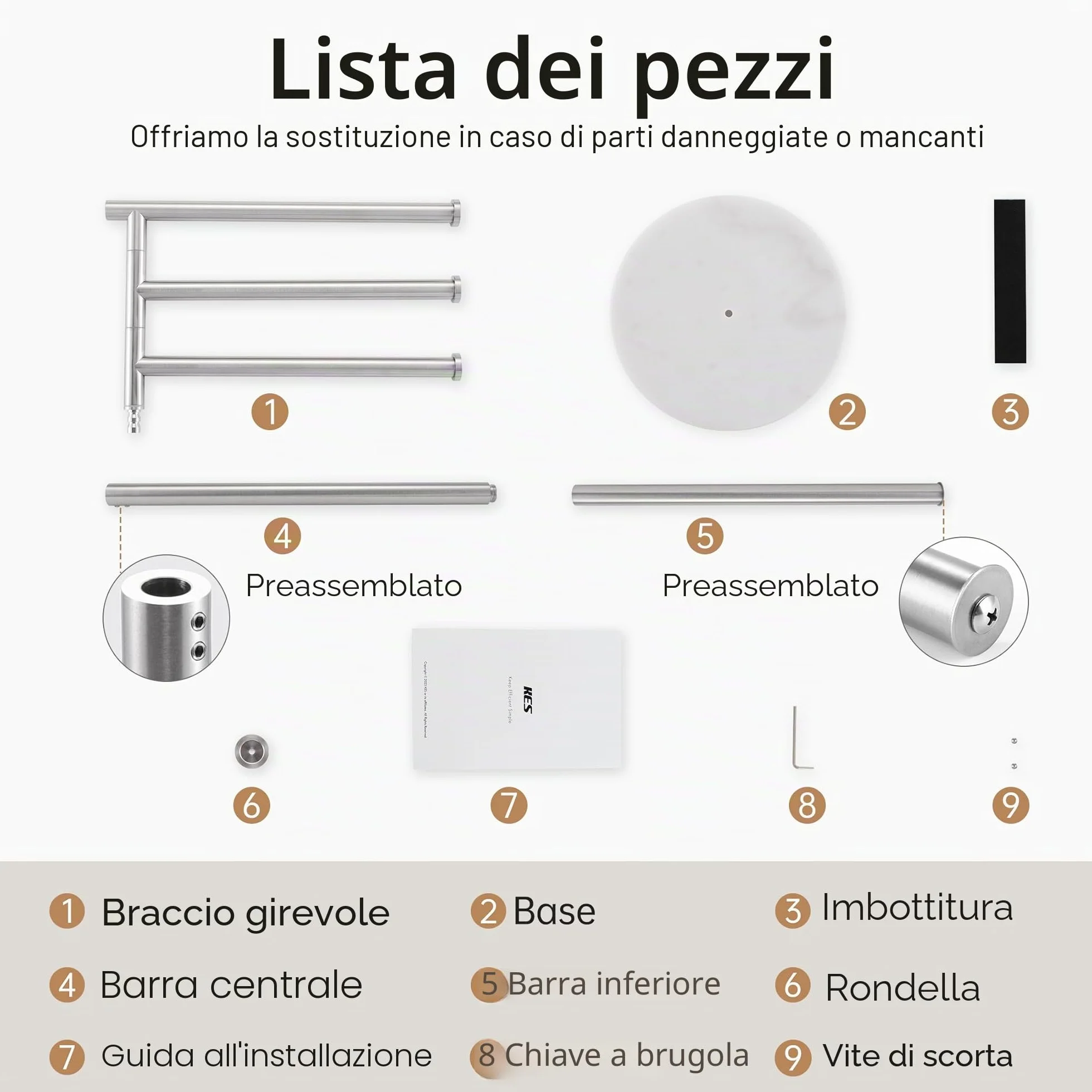 KES Porta Asciugamani da Terra Acciaio Inossidabile 18/8 Marmo Spazzolato BTH219-2