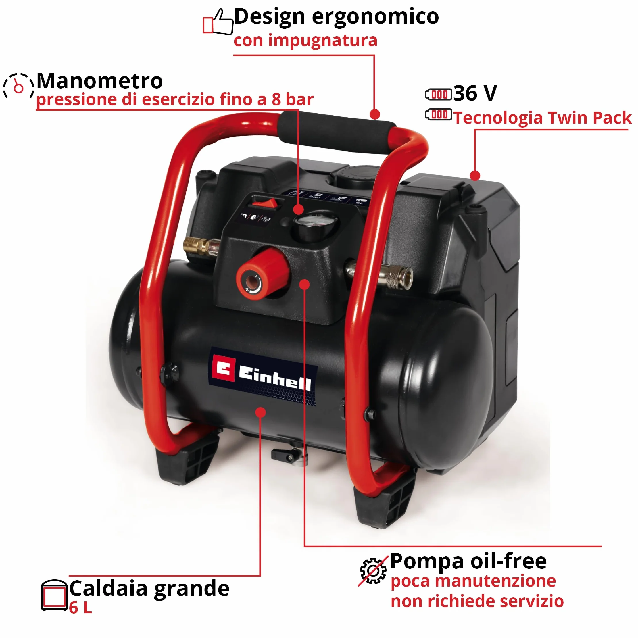 Einhell TE-AC 36/150 Li OF-Solo Compressore a Batteria 36 V 8 bar Serbatoio 6 l Aspirazione 150 l/min Senza Olio
