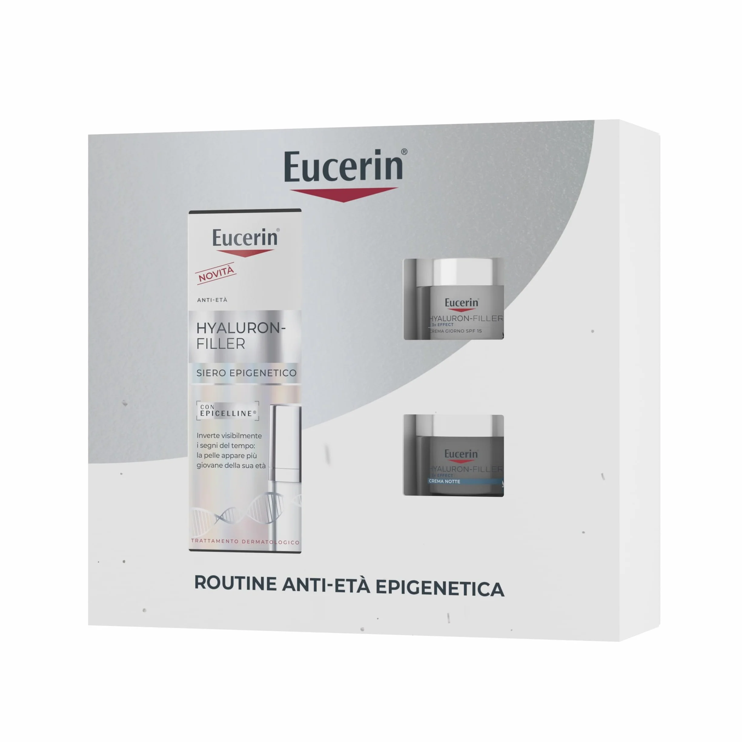 Eucerin Skincare Kit Routine Anti-Età Epigenetica, Cofanetto regalo donna beauty antirughe con Hyaluron-Filler Siero Viso Epigenetic Serum 30 ml, Mini Crema Giorno SPF30 20 ml e Mini Crema Notte 20 ml