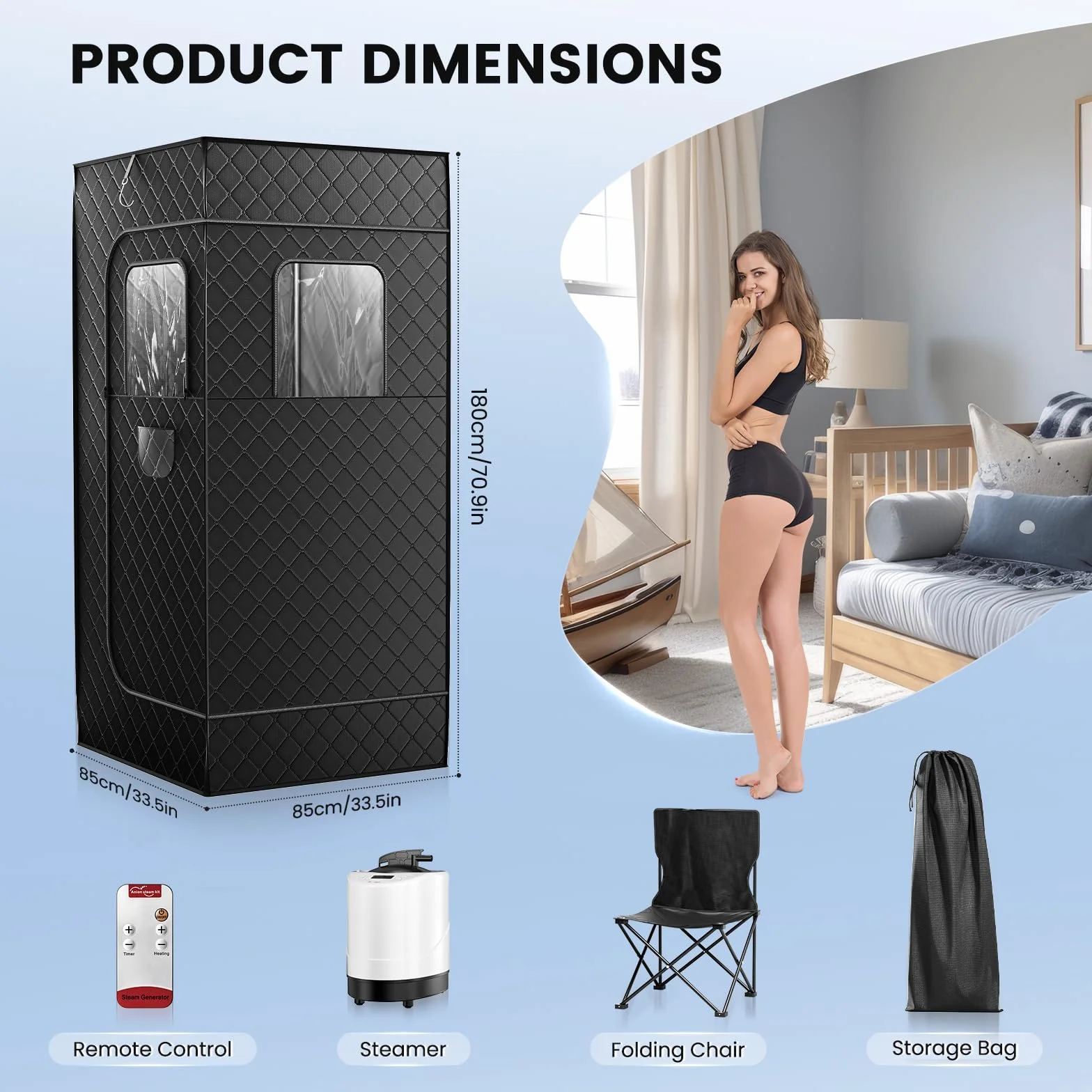 Sauna Portatile 180×80×80 cm 2.6L Vapore 9 Livelli Calore Riscaldamento Rapido 3 Minuti Sedia Pieghevole Telecomando