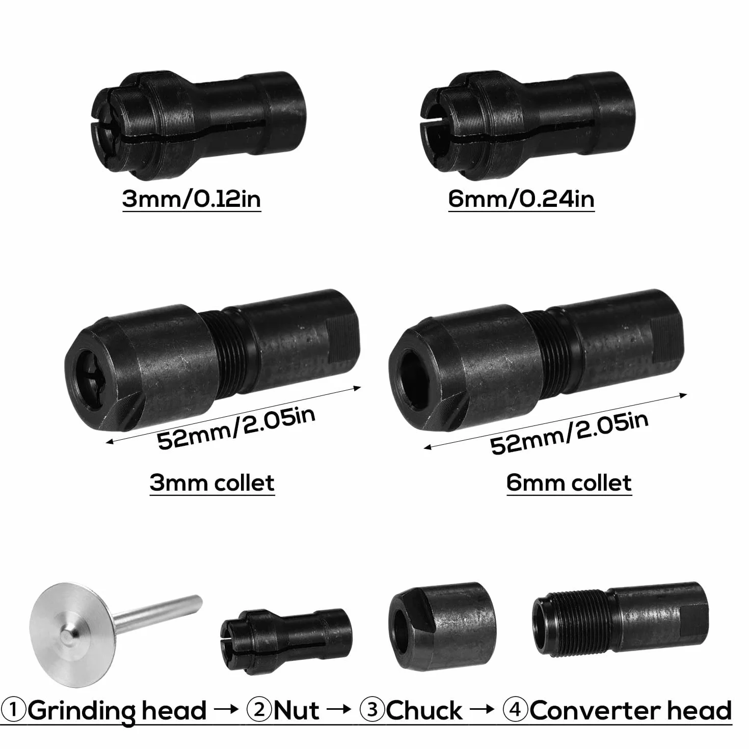 Set di Adattatori Smerigliatrice Angolare 3mm e 6mm, Kit Conversione Mandrino Dritto 5/8-11 per Rettifica Lucidatura Intaglio