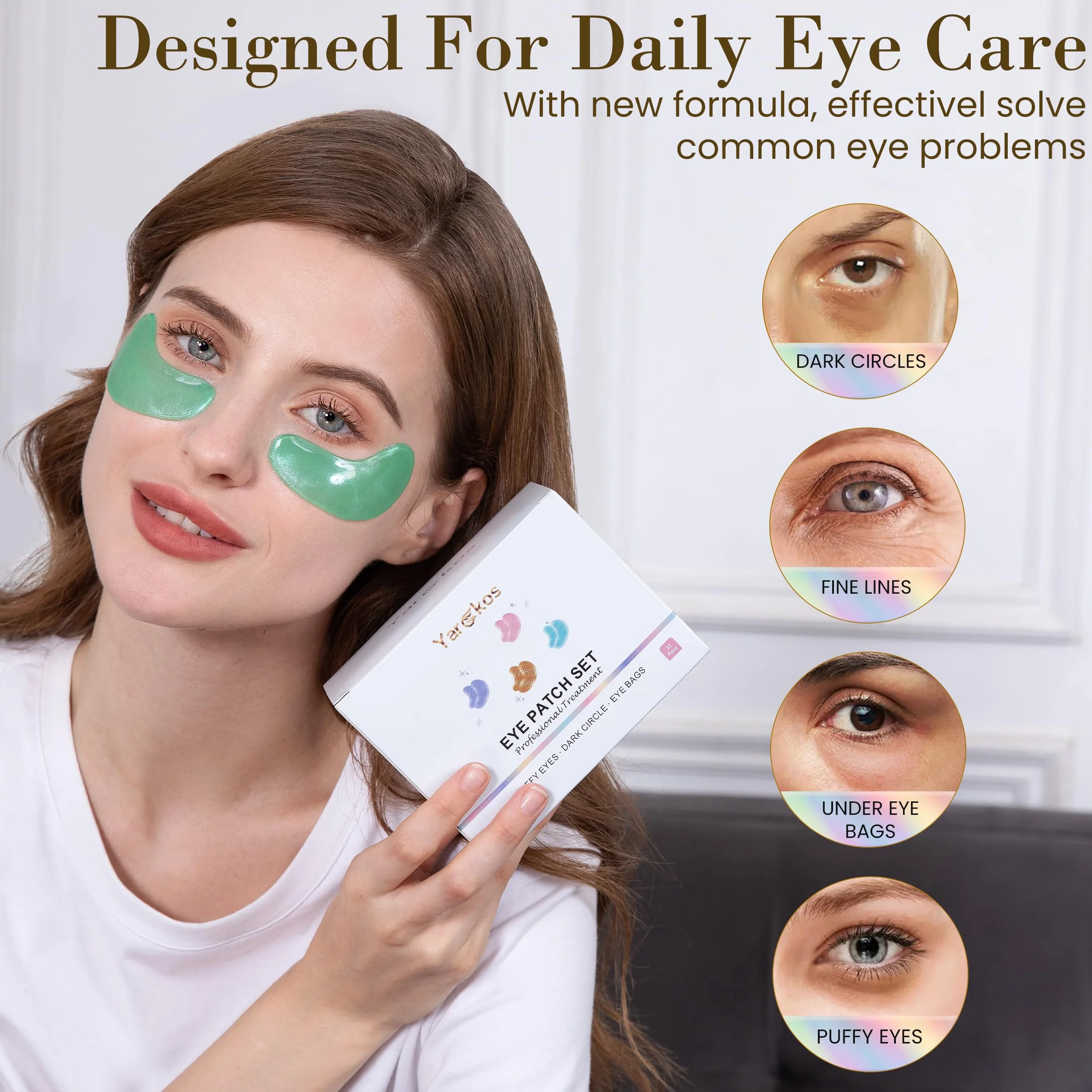 32 paia di cerotti oculari idratanti per occhiaie scure, cuscinetti anti-rughe, 32 set di gel viso per la cura dei viaggi (Oro 24 carati, blu, rosa, verde)