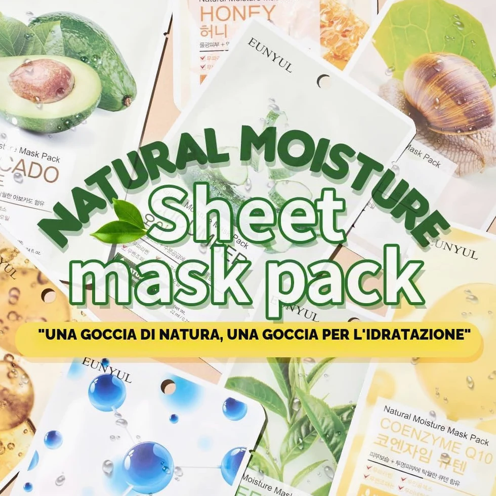Eunyul Maschera in tessuto naturale Confezione Maschera Coreana Aloe, Collagene, Perla, Ialurone, Avocado, Melograno, Vitamina, Mirtillo, Tè Verde, Cetriolo, Confezione da 10