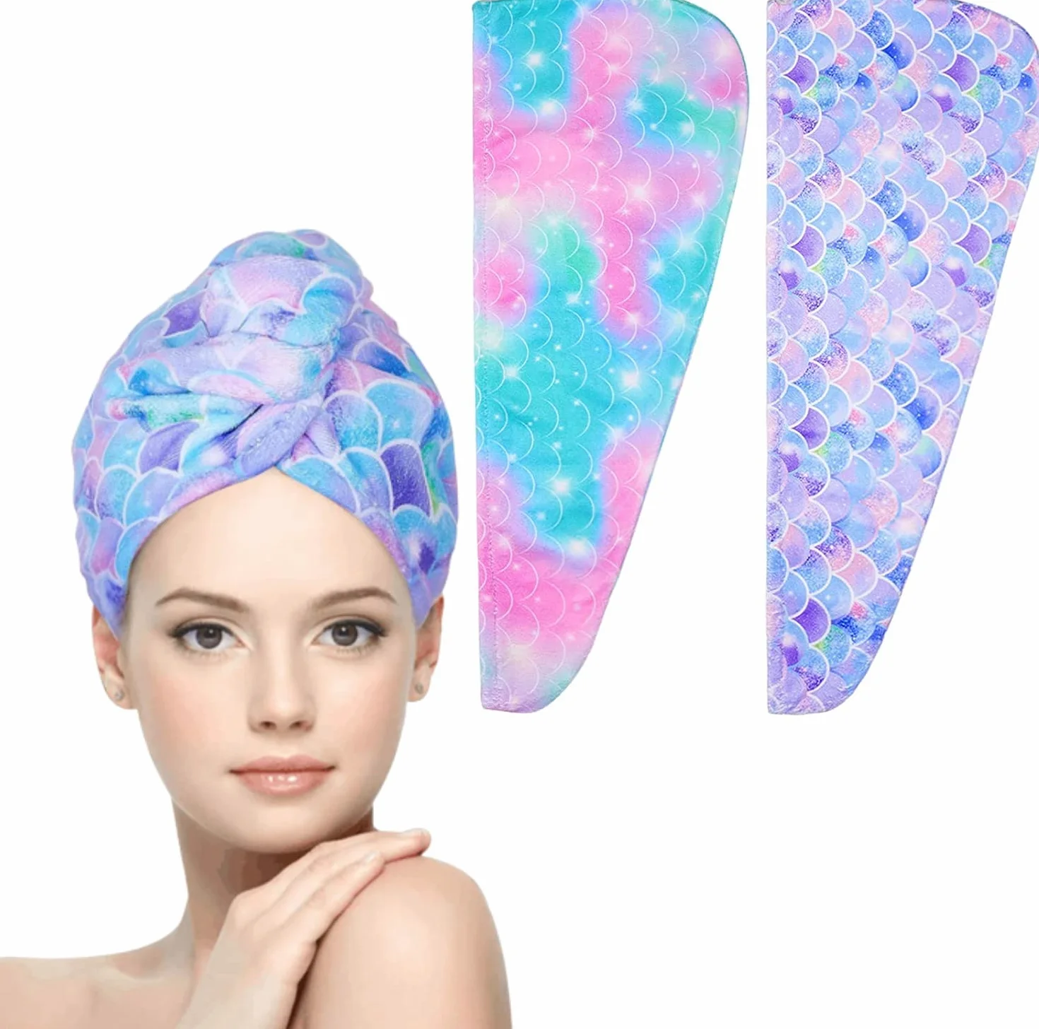 WUBAYI 2 Asciugamani in microfibra per asciugacapelli super assorbenti con asciugamano a bottone per asciugamani per capelli bagnati asciugamani per capelli ragazze signore(Sirena)