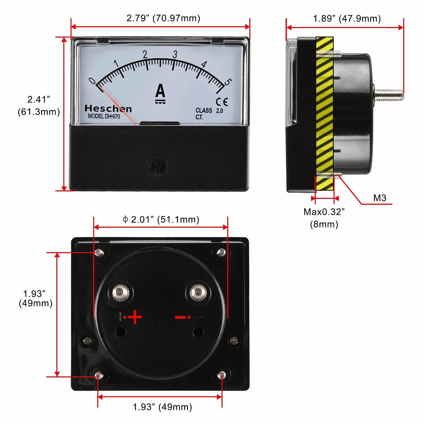Heschen DH-670 Amperometro DC 0-5A Classe 2.0 Misuratore di Corrente a Pannello Rettangolare