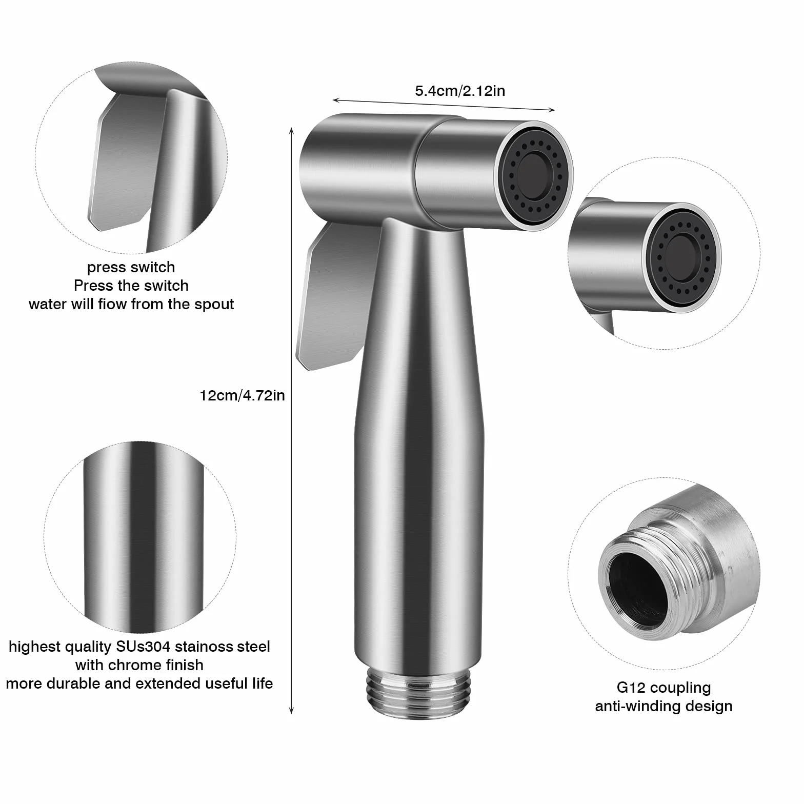 Doccetta per Bidet a Mano in Acciaio Inox 1.5M Tubo Flessibile Staffa a Muro Set Completo Doccia Bidet