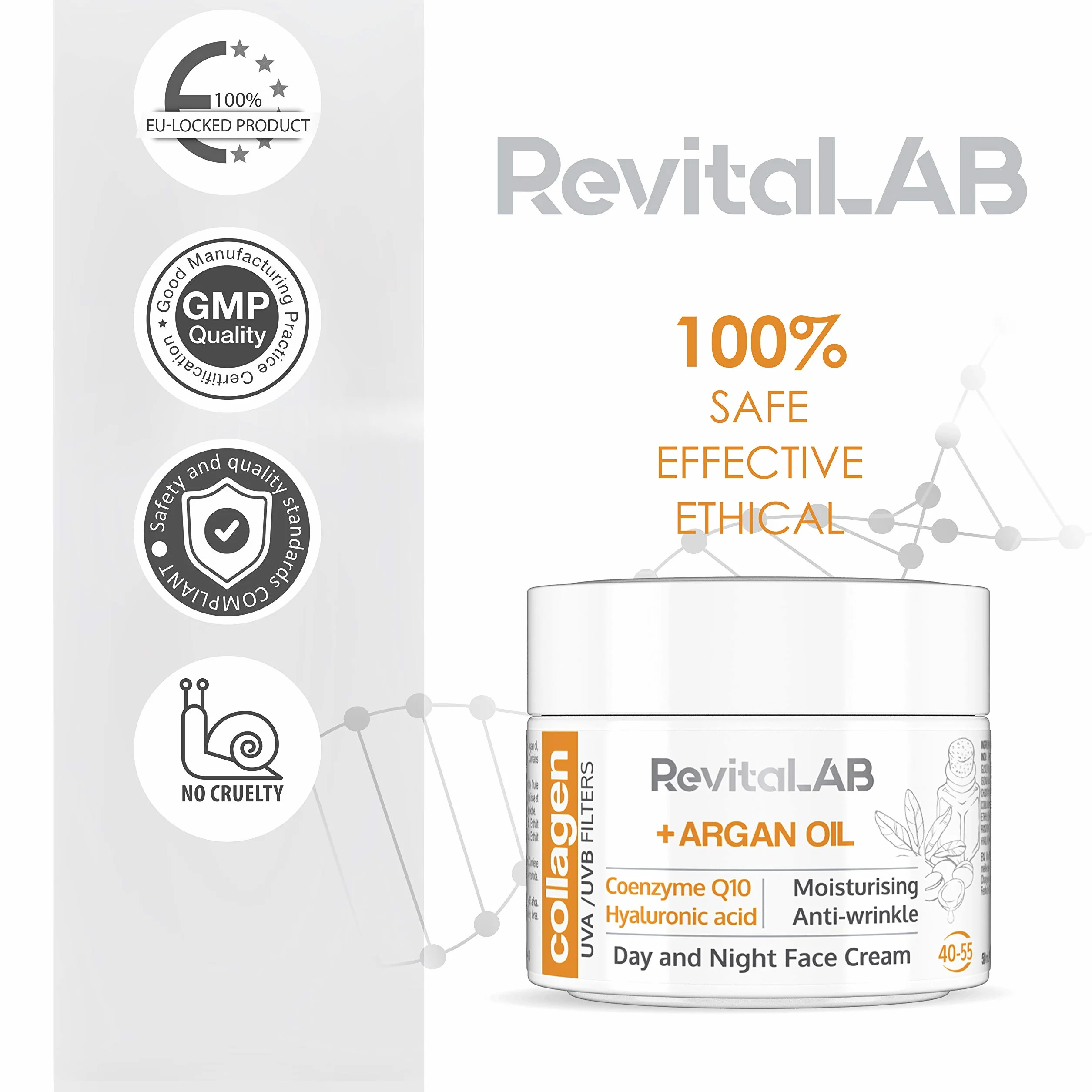 RevitaLAB Day and Night Collagen Anti-Aging Moisturizer, Enriched with Hyaluronic Acid, Q10, Argan Oil, and a UVA/UVB Filter for Ages 40 – 55, 50 ml